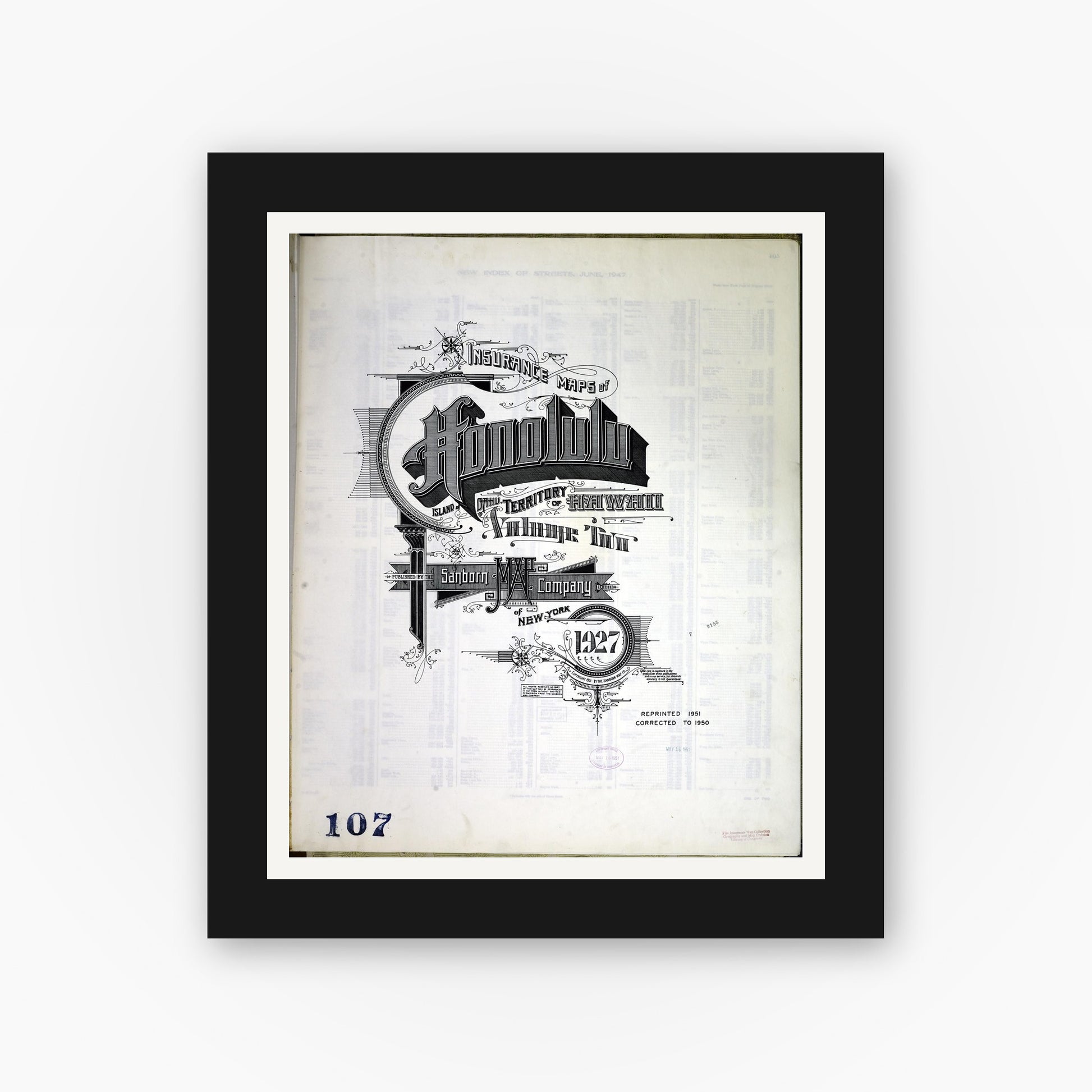 Old map wall art mockup — black gallery frame with white mat — Sanborn Fire Insurance Map from Honolulu, Oahu County, Hawaii (1951), Sheet #0001