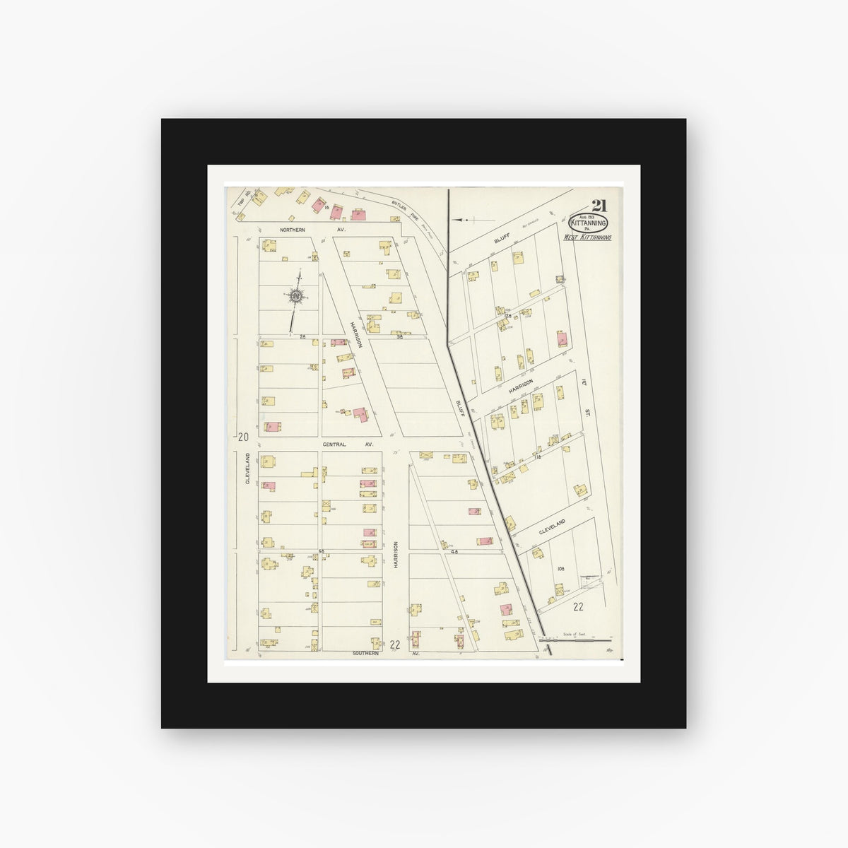 Old map wall art mockup — black gallery frame with white mat — Sanborn Fire Insurance Map from Kittanning, Armstrong County, Pennsylvania (1913), Sheet #0021