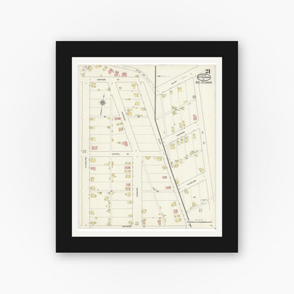 Old map wall art mockup — black gallery frame with white mat — Sanborn Fire Insurance Map from Kittanning, Armstrong County, Pennsylvania (1913), Sheet #0021
