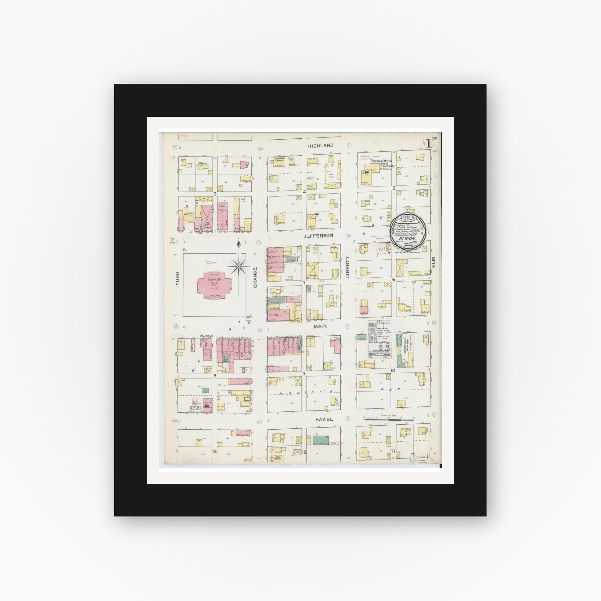 Old map wall art mockup — black gallery frame with white mat — Sanborn Fire Insurance Map from Albion, Noble County, Indiana (1892), Sheet #0001