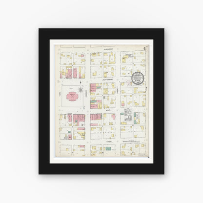 Old map wall art mockup — black gallery frame with white mat — Sanborn Fire Insurance Map from Albion, Noble County, Indiana (1892), Sheet #0001