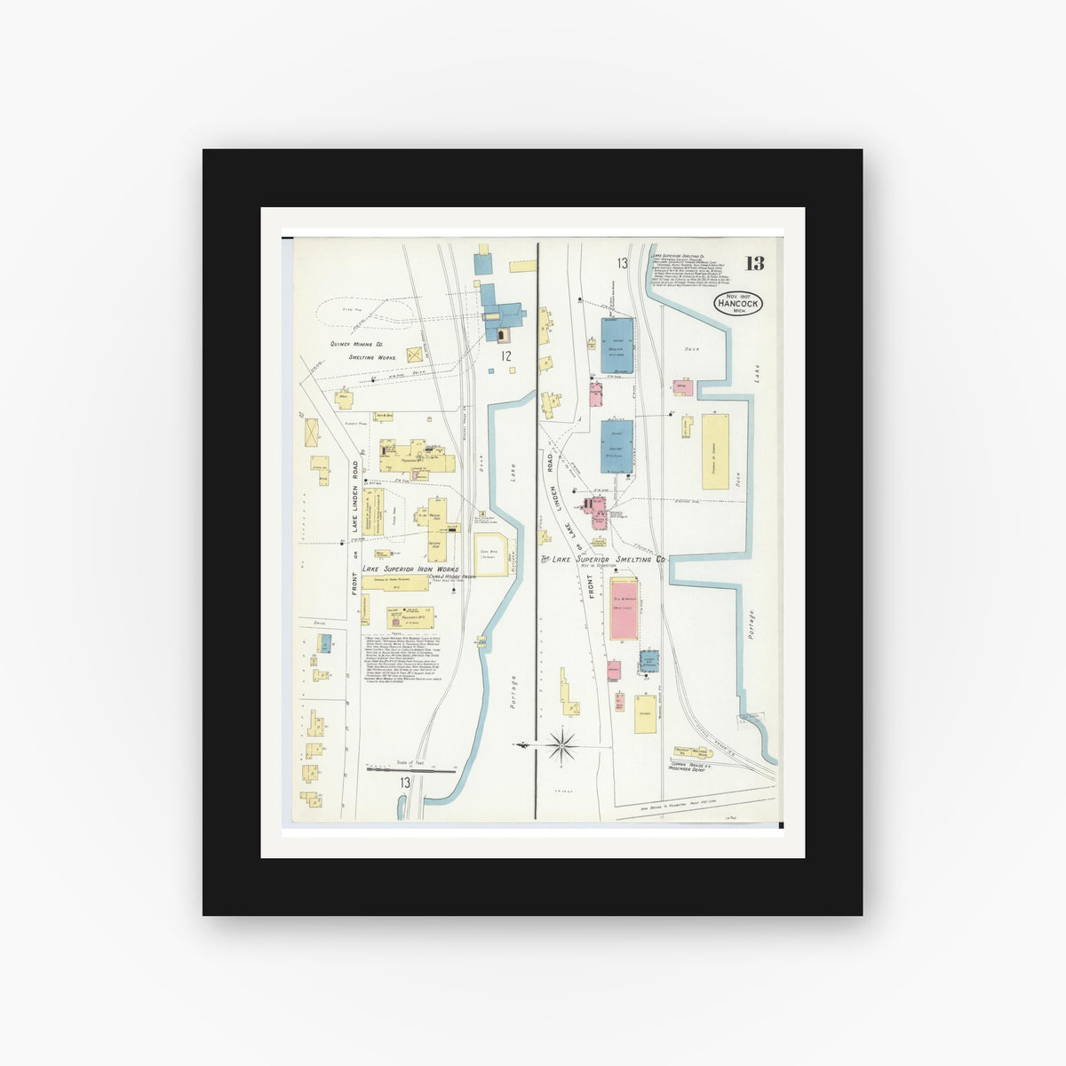 Old map wall art mockup — black gallery frame with white mat — Sanborn Fire Insurance Map from Hancock, Houghton County, Michigan (1907), Sheet #0013