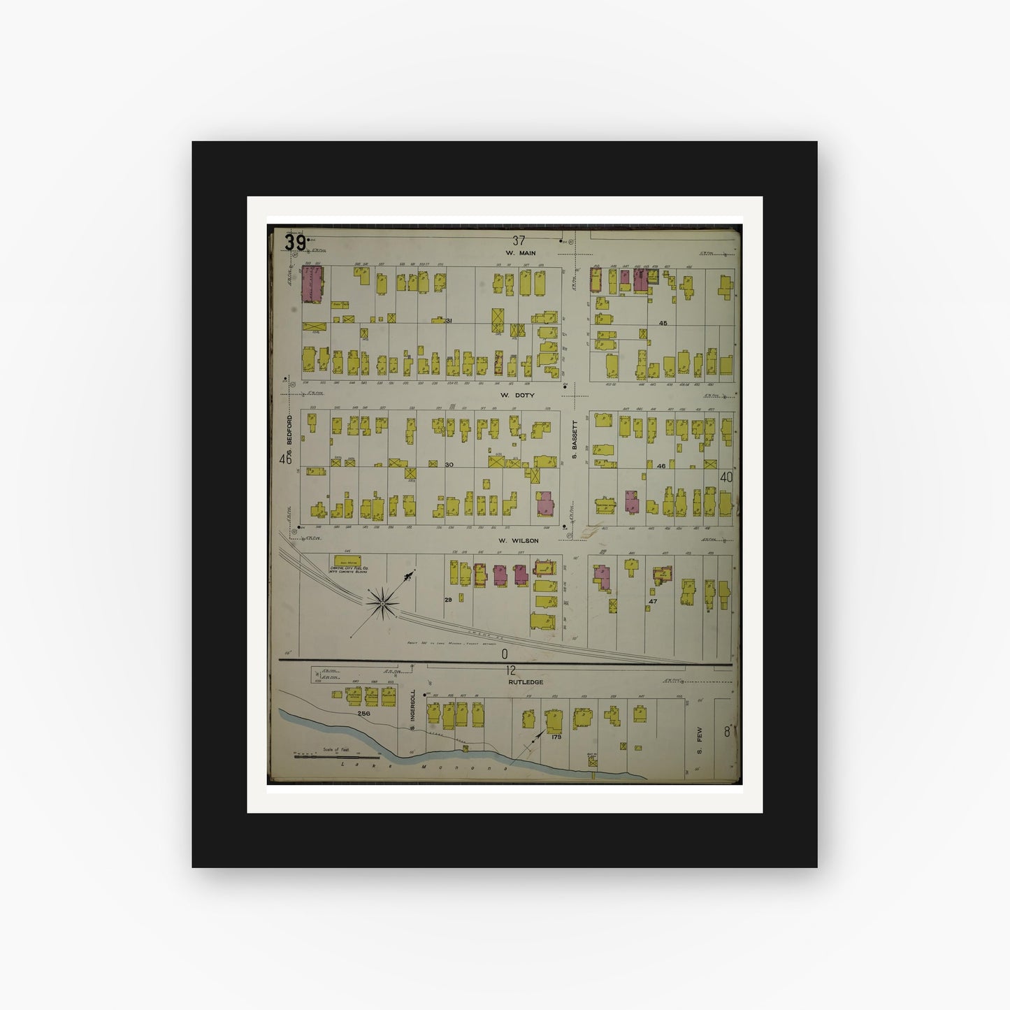 Old map wall art mockup — black gallery frame with white mat — Sanborn Fire Insurance Map from Madison, Dane County, Wisconsin (1908), Sheet #0039