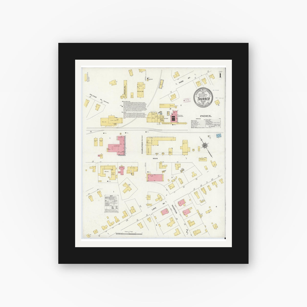 Old map wall art mockup — black gallery frame with white mat — Sanborn Fire Insurance Map from Thurber, Erath County, Texas (1911) - Complete Map Set