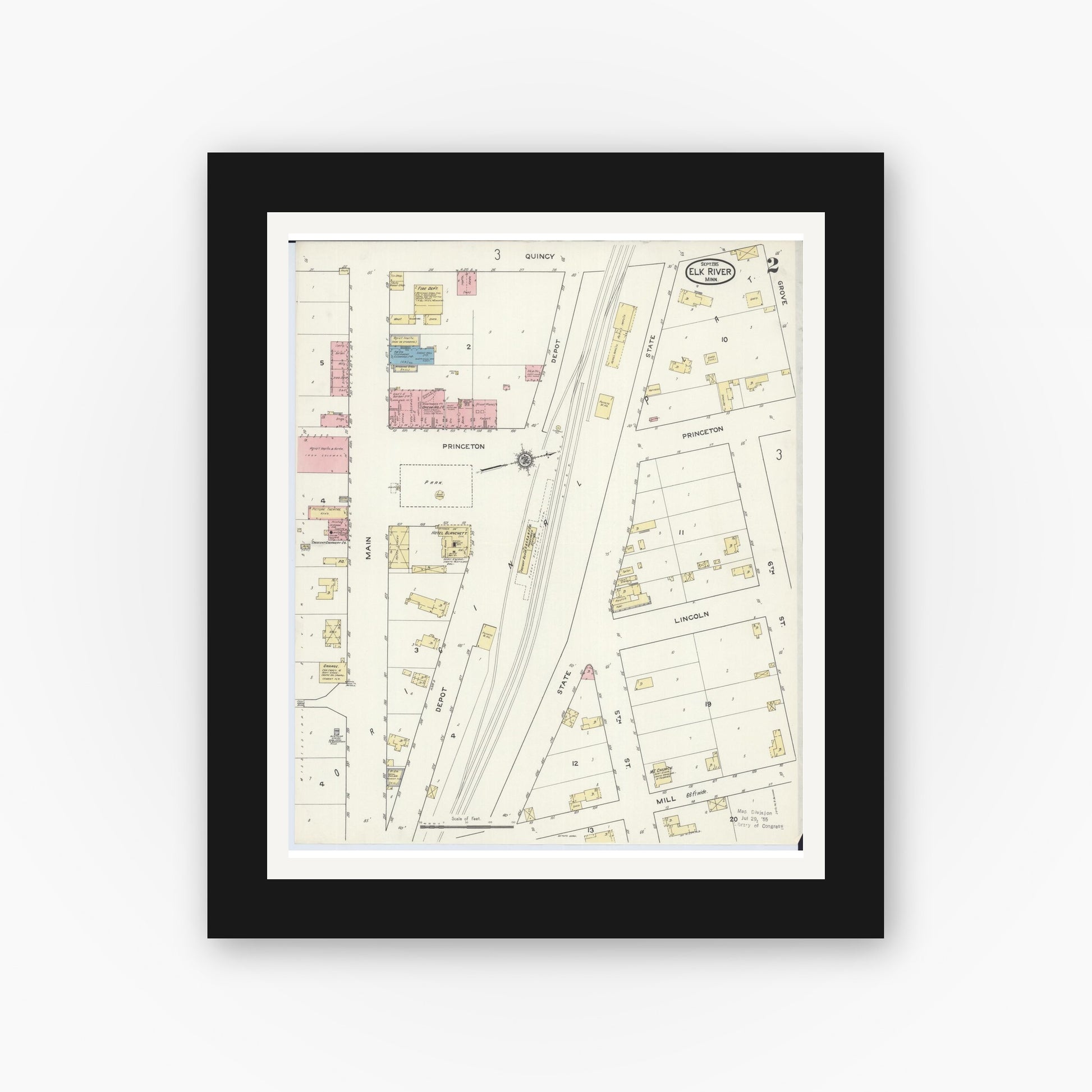 Old map wall art mockup — black gallery frame with white mat — Sanborn Fire Insurance Map from Elk River, Sherburne County, Minnesota (1915), Sheet #0002