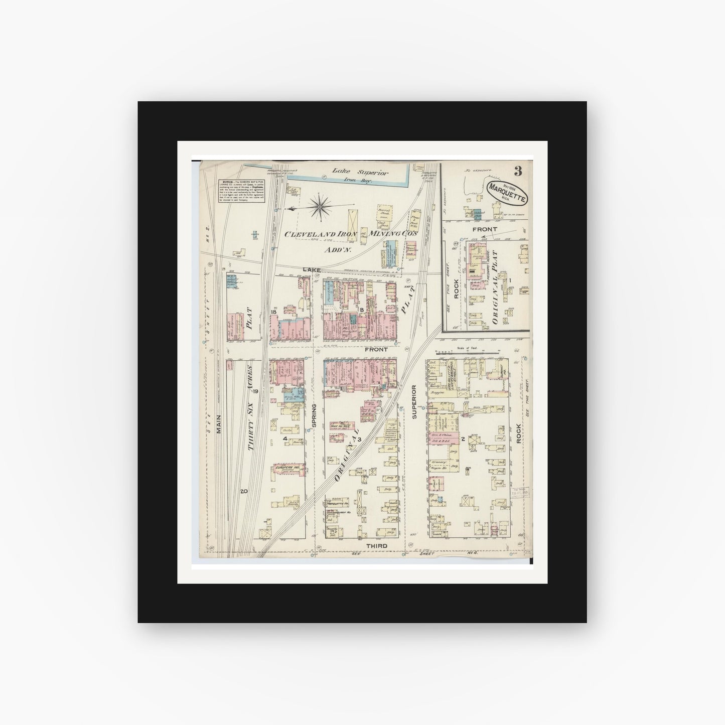 Old map wall art mockup — black gallery frame with white mat — Sanborn Fire Insurance Map from Marquette, Marquette County, Michigan (1884), Sheet #0003