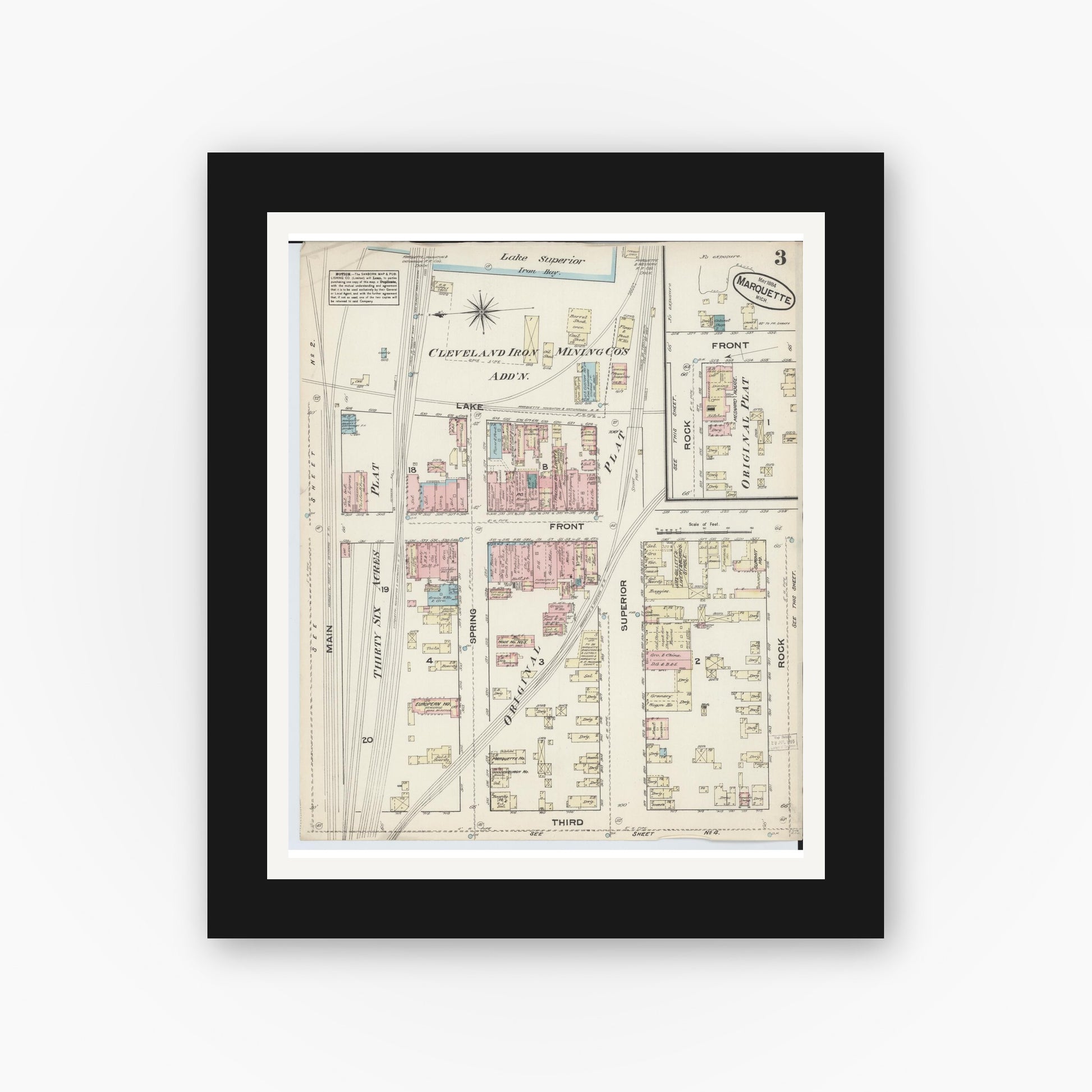 Old map wall art mockup — black gallery frame with white mat — Sanborn Fire Insurance Map from Marquette, Marquette County, Michigan (1884), Sheet #0003