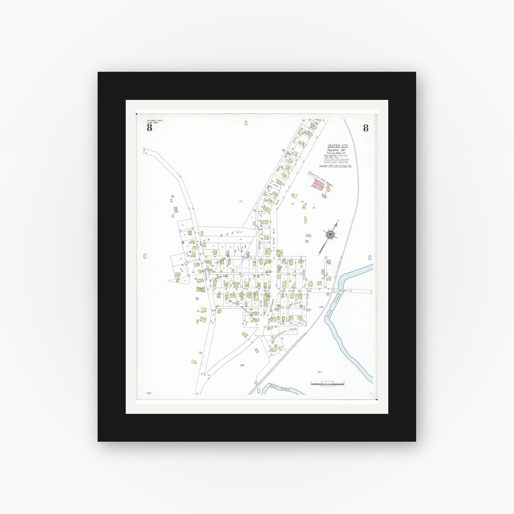 Old map wall art mockup — black gallery frame with white mat — Sanborn Fire Insurance Map from Caldwell, Noble County, Ohio (1948), Sheet #0008