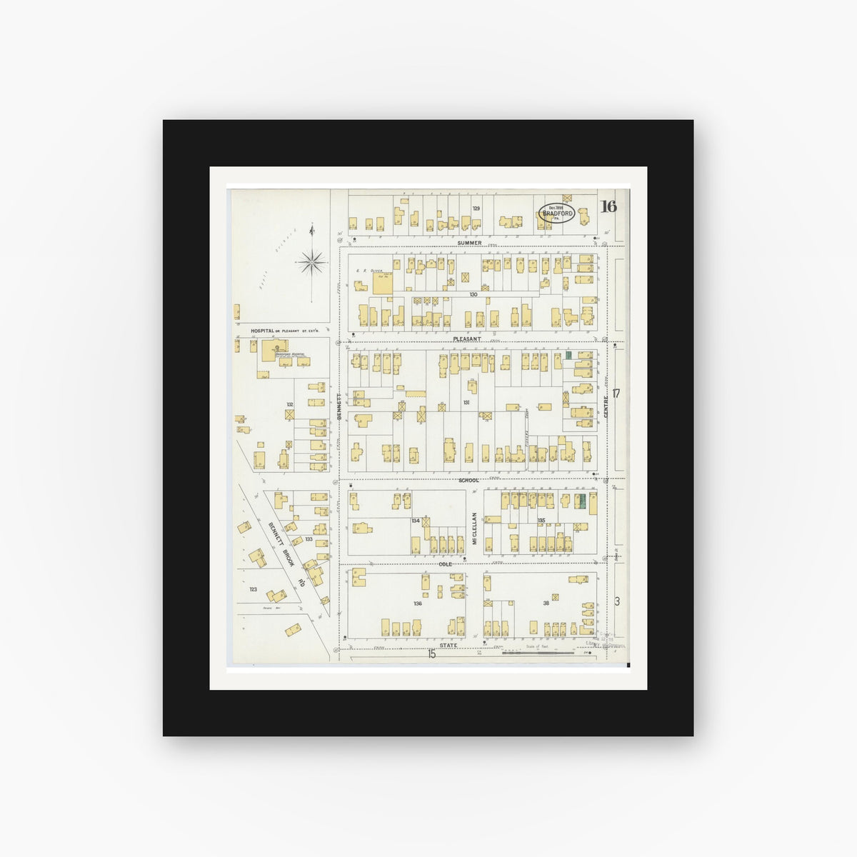 Old map wall art mockup — black gallery frame with white mat — Sanborn Fire Insurance Map from Bradford, McKean County, Pennsylvania (1899), Sheet #0016
