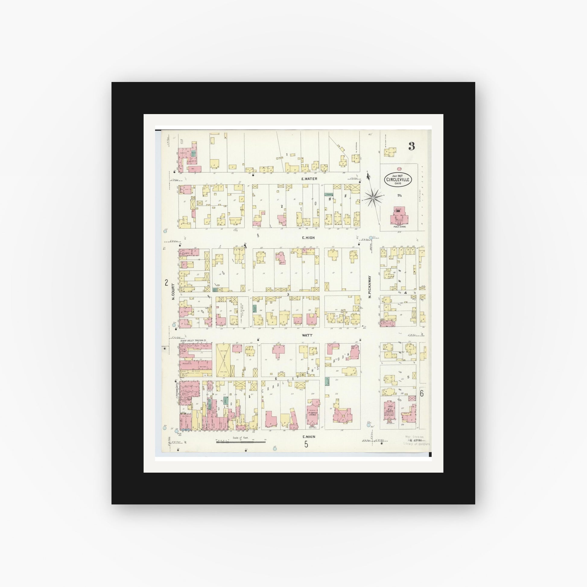 Old map wall art mockup — black gallery frame with white mat — Sanborn Fire Insurance Map from Circleville, Pickaway County, Ohio (1907), Sheet #0003
