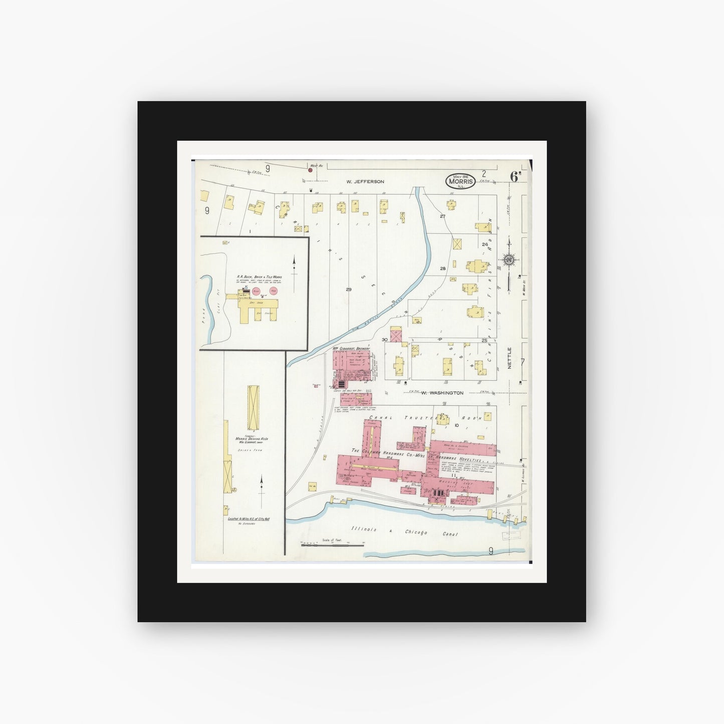 Old map wall art mockup — black gallery frame with white mat — Sanborn Fire Insurance Map from Morris, Grundy County, Illinois (1916), Sheet #0006