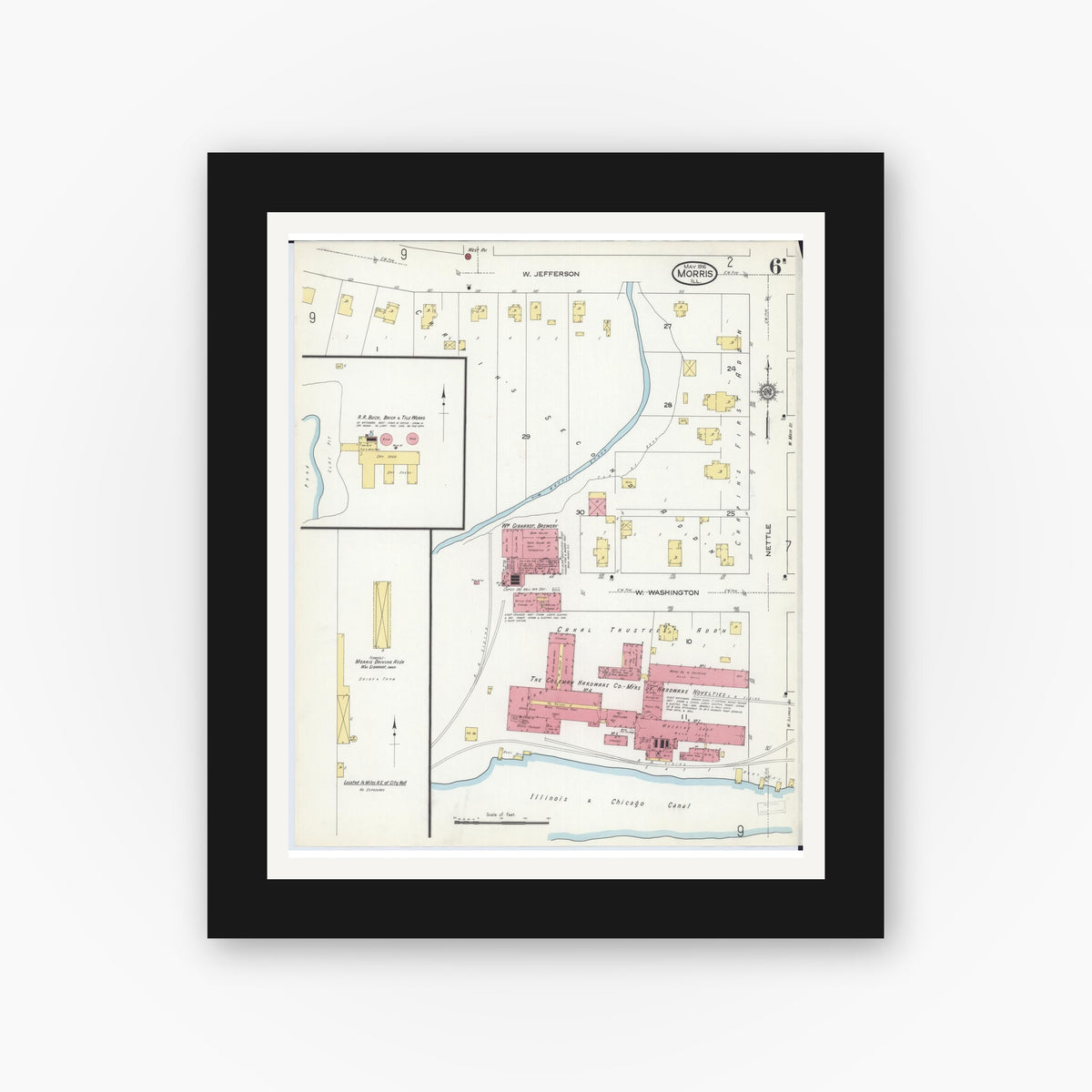 Old map wall art mockup — black gallery frame with white mat — Sanborn Fire Insurance Map from Morris, Grundy County, Illinois (1916), Sheet #0006