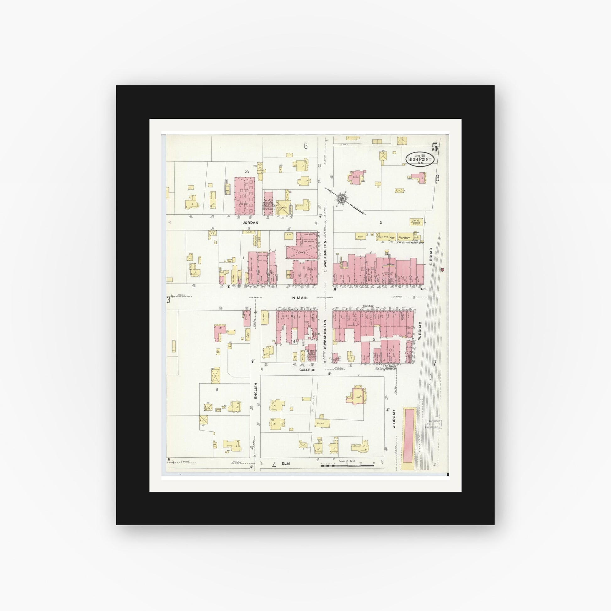 Old map wall art mockup — black gallery frame with white mat — Sanborn Fire Insurance Map from High Point, Guilford County, North Carolina (1911), Sheet #0005