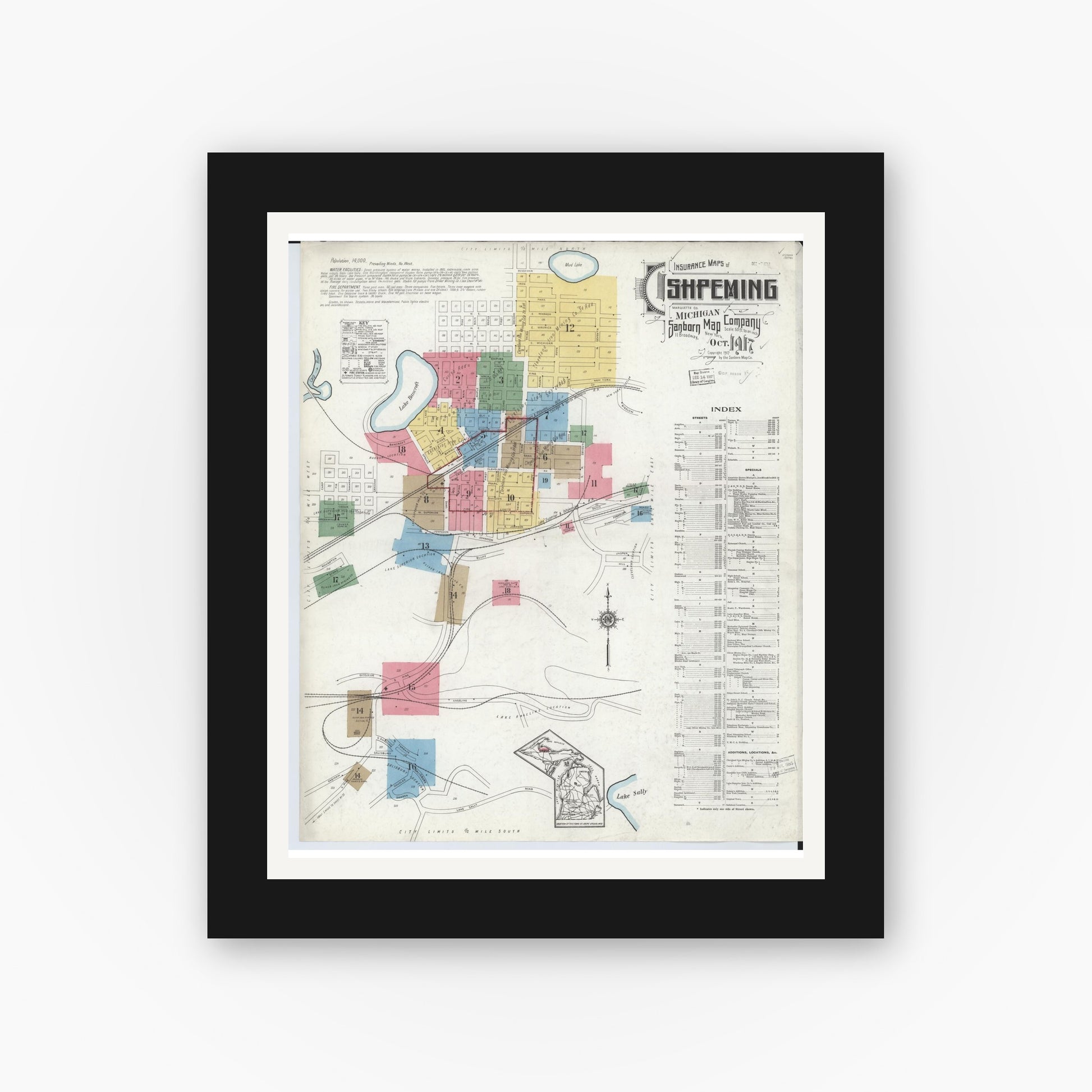 Old map wall art mockup — black gallery frame with white mat — Sanborn Fire Insurance Map from Ishpeming, Marquette County, Michigan (1917) - Complete Map Set