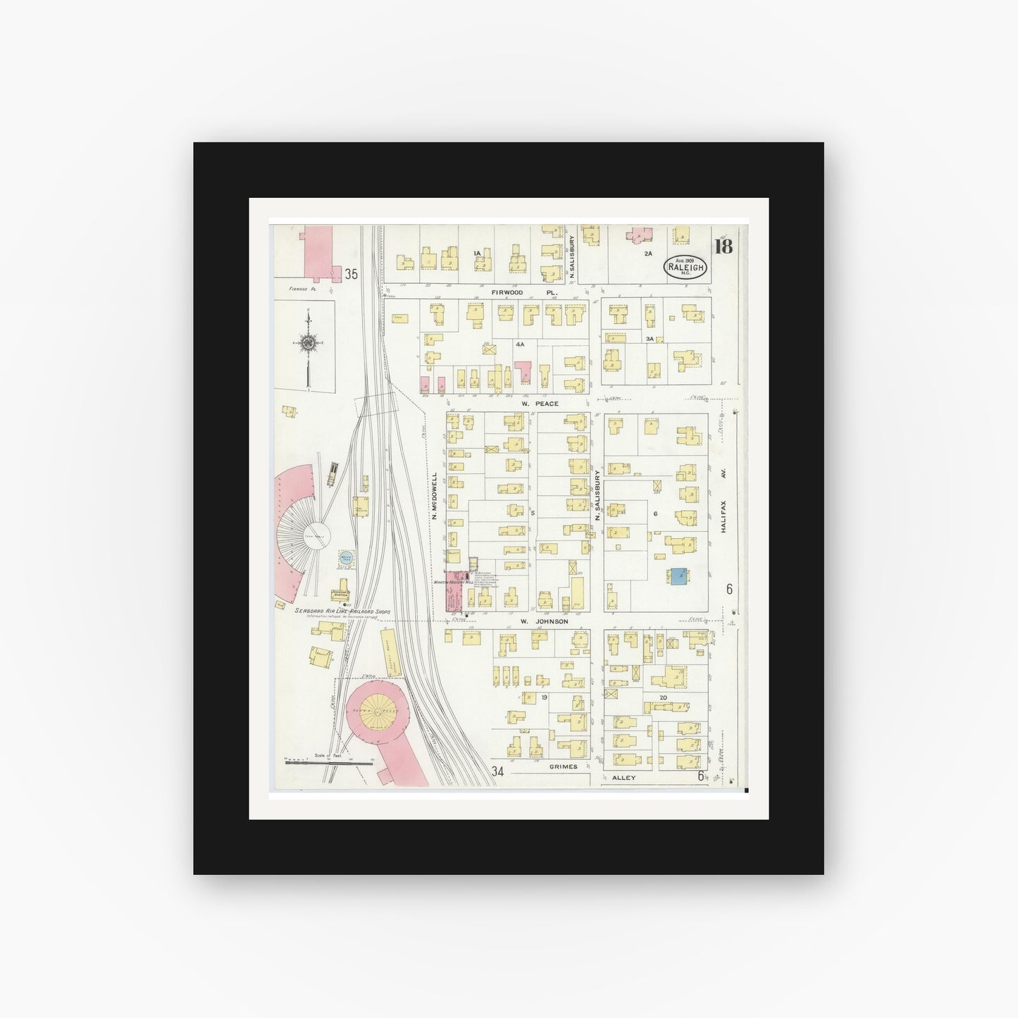 Old map wall art mockup — black gallery frame with white mat — Sanborn Fire Insurance Map from Raleigh, Wake County, North Carolina (1909), Sheet #0018