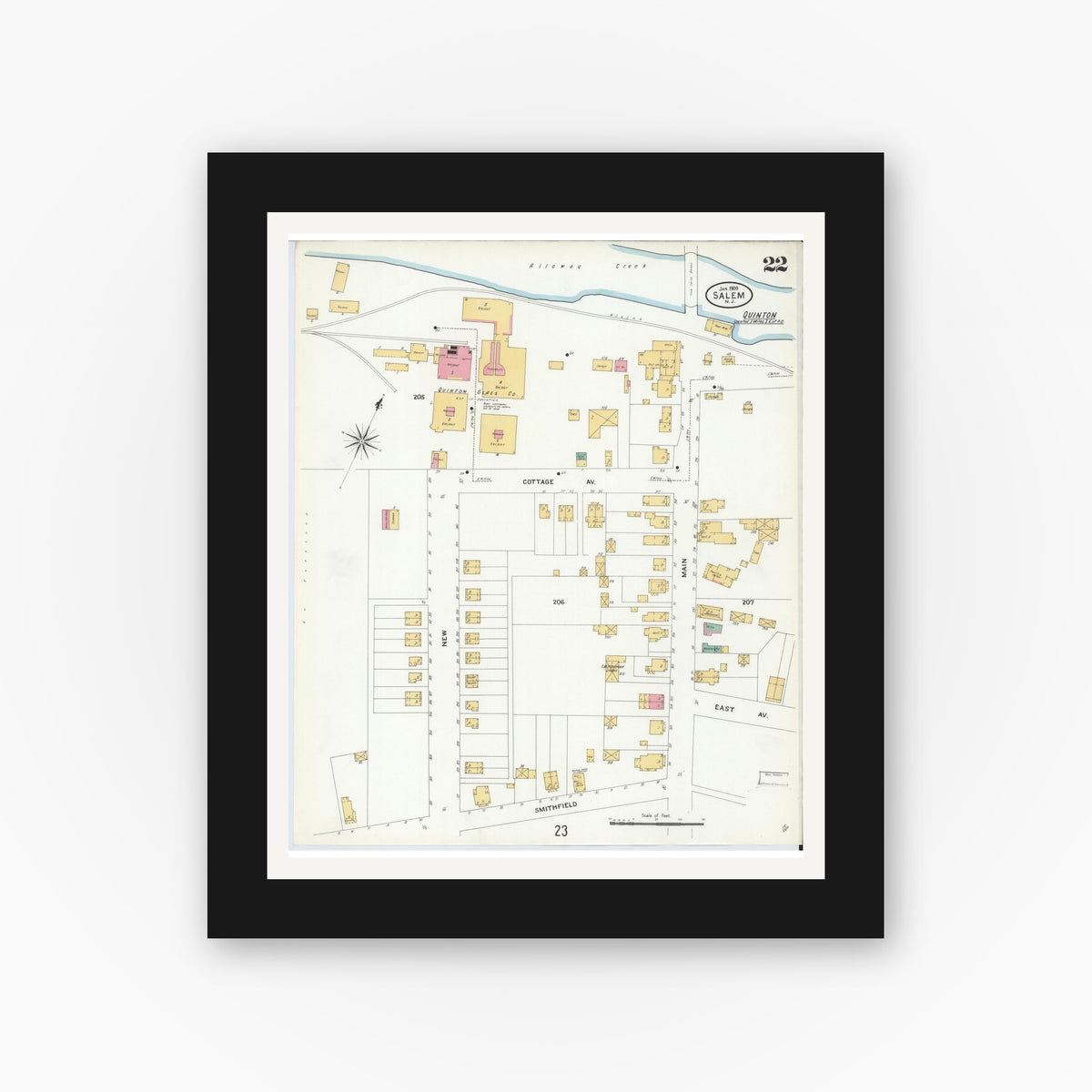 Old map wall art mockup — black gallery frame with white mat — Sanborn Fire Insurance Map from Salem, Salem County, New Jersey (1909), Sheet #0022