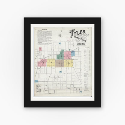 Old map wall art mockup — black gallery frame with white mat — Sanborn Fire Insurance Map from Tyler, Smith County, Texas (1893) - Complete Map Set