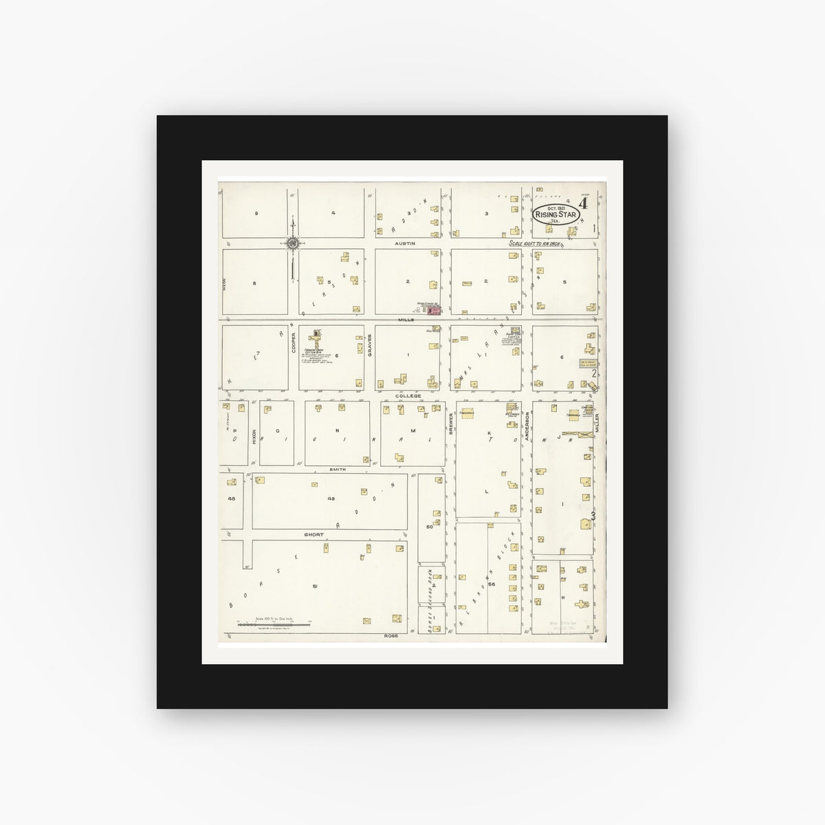 Old map wall art mockup — black gallery frame with white mat — Sanborn Fire Insurance Map from Rising Star, Eastland County, Texas (1921), Sheet #0004