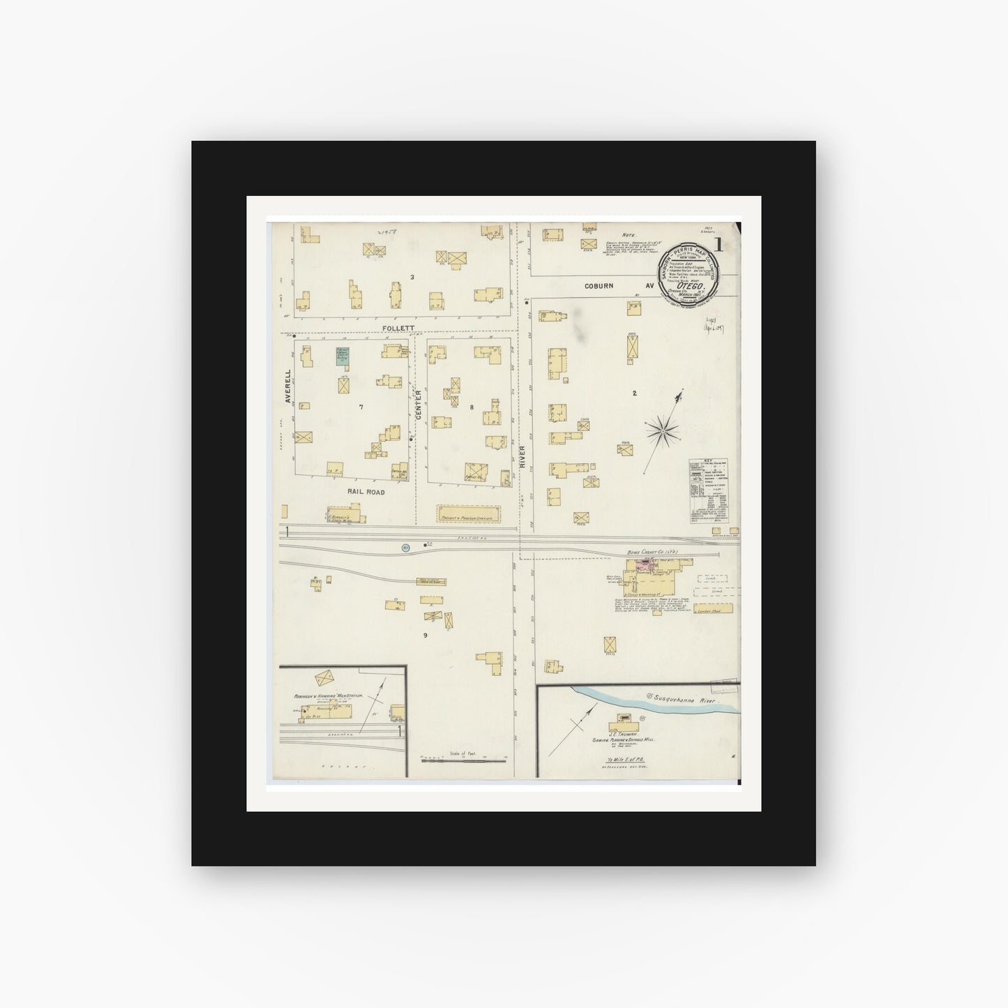 Old map wall art mockup — black gallery frame with white mat — Sanborn Fire Insurance Map from Otego, Otsego County, New York (1897) - Complete Map Set