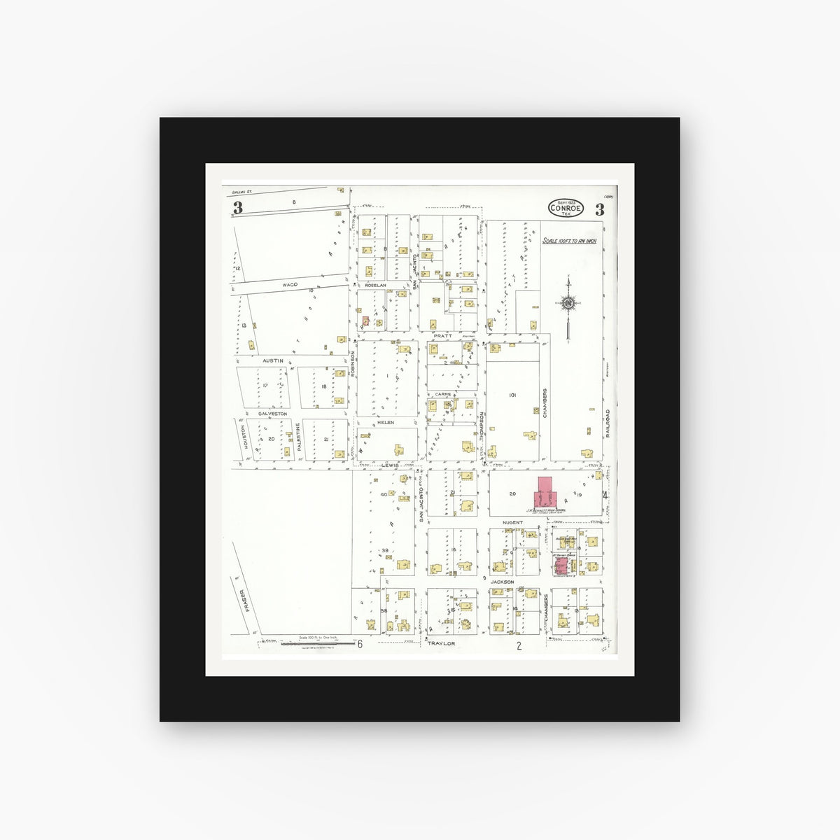 Old map wall art mockup — black gallery frame with white mat — Sanborn Fire Insurance Map from Conroe, Montgomery County, Texas (1923), Sheet #0003