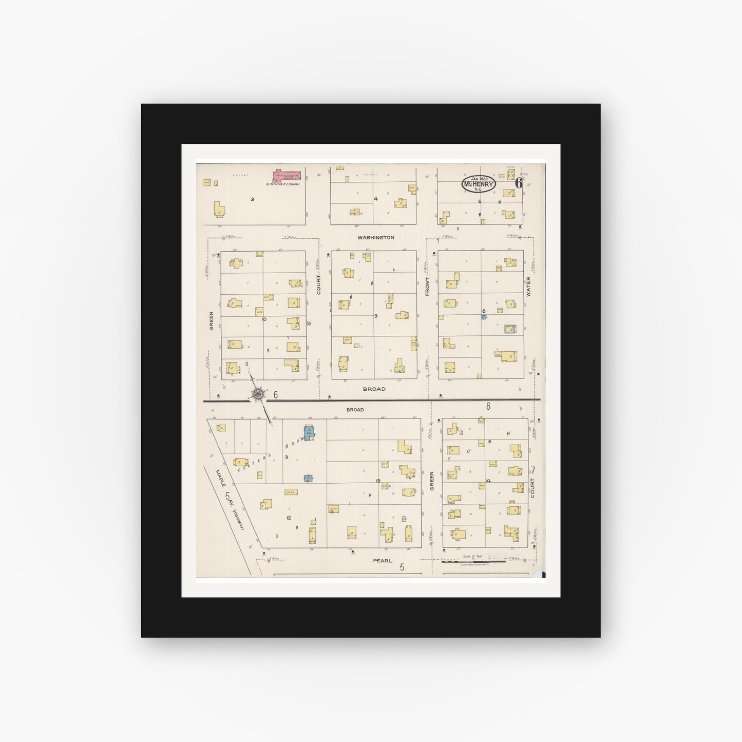 Old map wall art mockup — black gallery frame with white mat — Sanborn Fire Insurance Map from McHenry, McHenry County, Illinois (1922), Sheet #0006