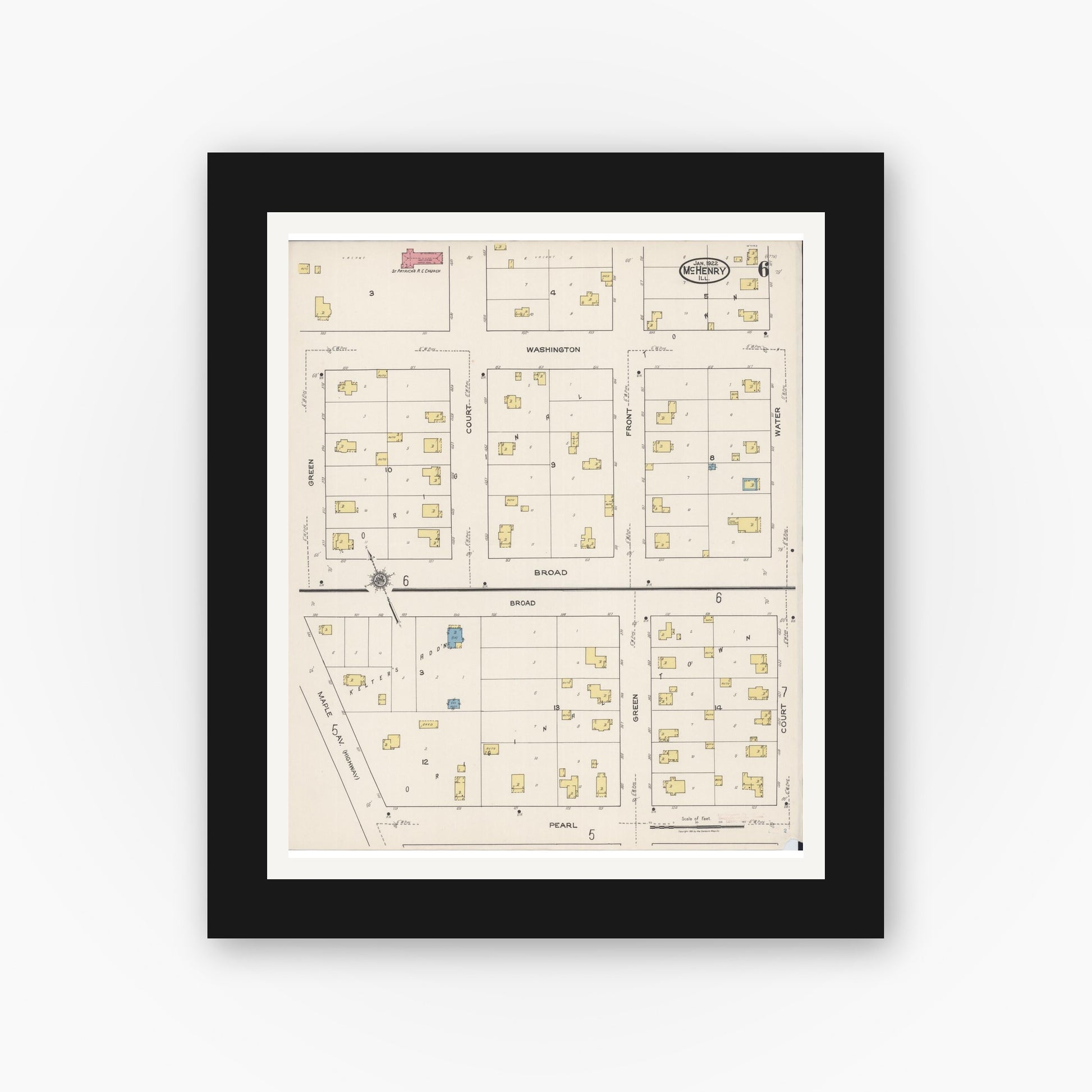 Old map wall art mockup — black gallery frame with white mat — Sanborn Fire Insurance Map from McHenry, McHenry County, Illinois (1922), Sheet #0006