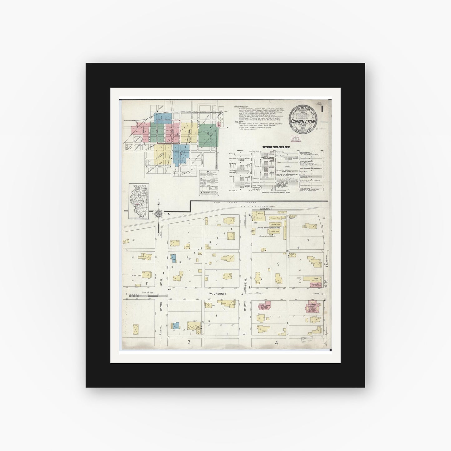 Old map wall art mockup — black gallery frame with white mat — Sanborn Fire Insurance Map from Carrollton, Greene County, Illinois (1914) - Complete Map Set