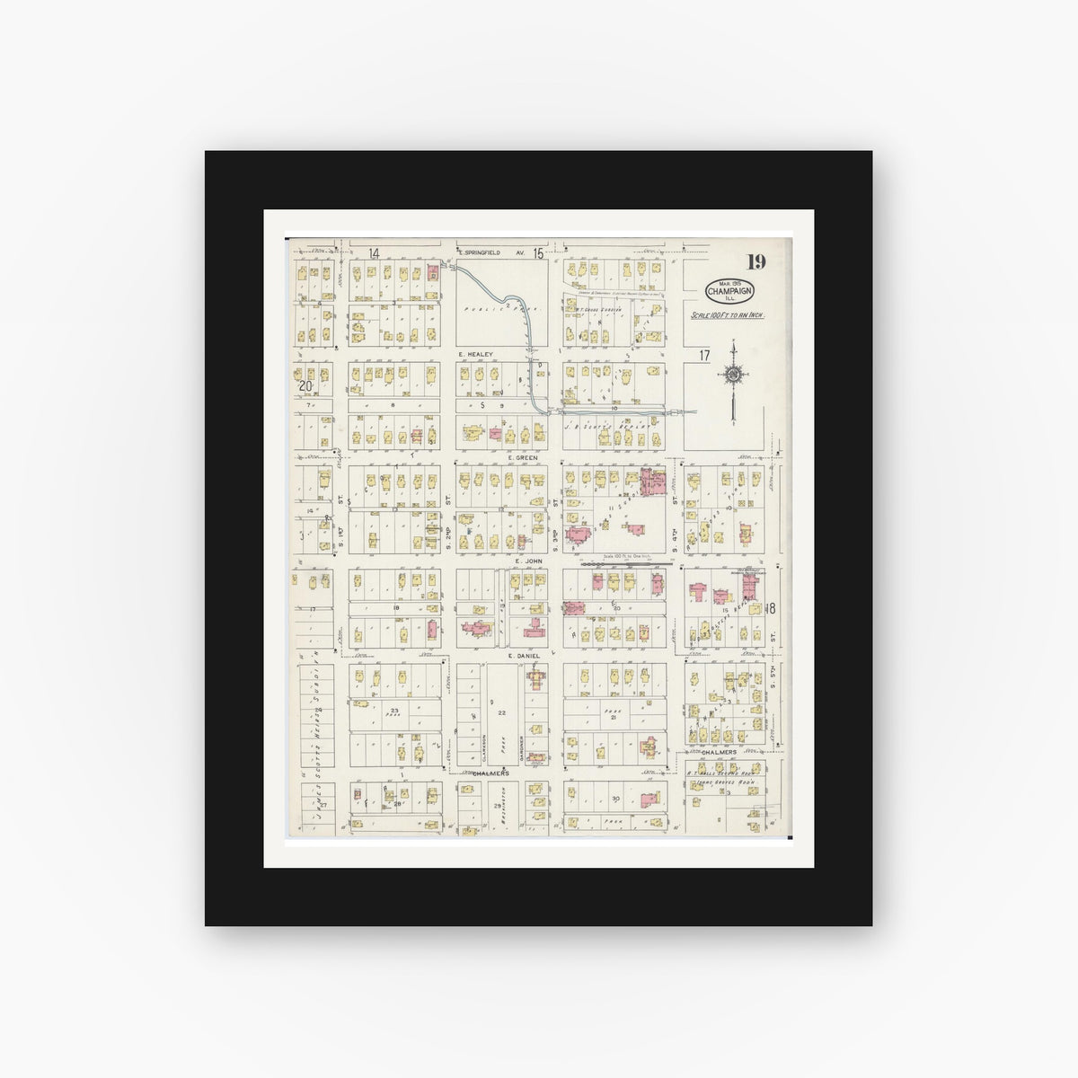 Old map wall art mockup — black gallery frame with white mat — Sanborn Fire Insurance Map from Champaign, Champaign County, Illinois (1915), Sheet #0019
