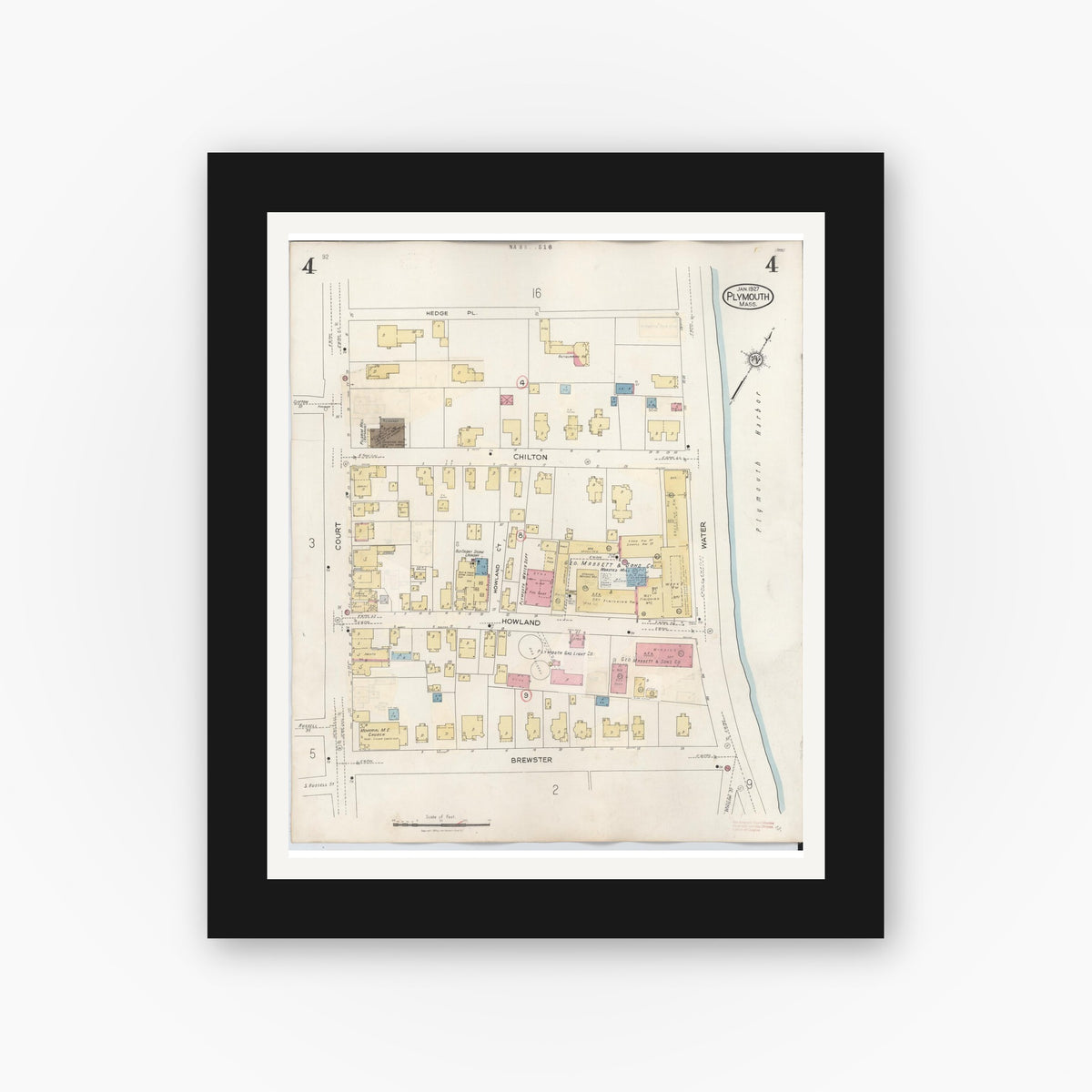 Old map wall art mockup — black gallery frame with white mat — Sanborn Fire Insurance Map from Plymouth, Plymouth County, Massachusetts (1948), Sheet #0004
