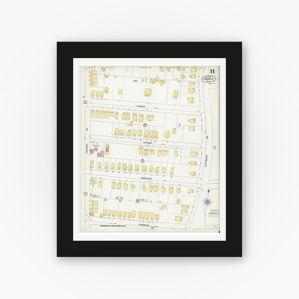 Old map wall art mockup — black gallery frame with white mat — Sanborn Fire Insurance Map from Passaic, Passaic County, New Jersey (1903), Sheet #0011