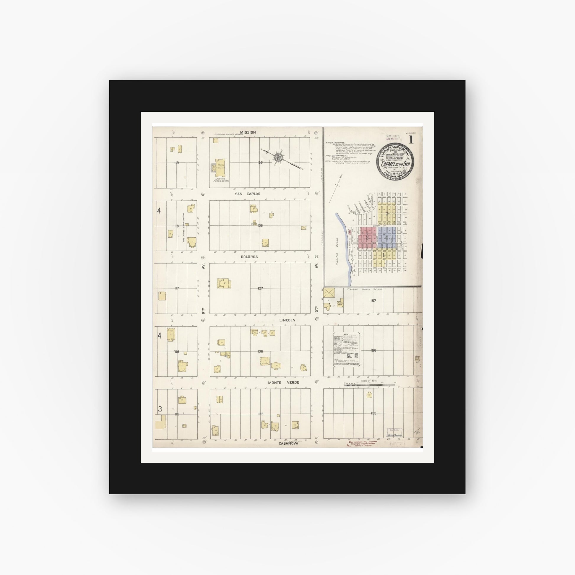 Old map wall art mockup — black gallery frame with white mat — Sanborn Fire Insurance Map from Carmel By The Sea, Monterey County, California (1910), Sheet #0001