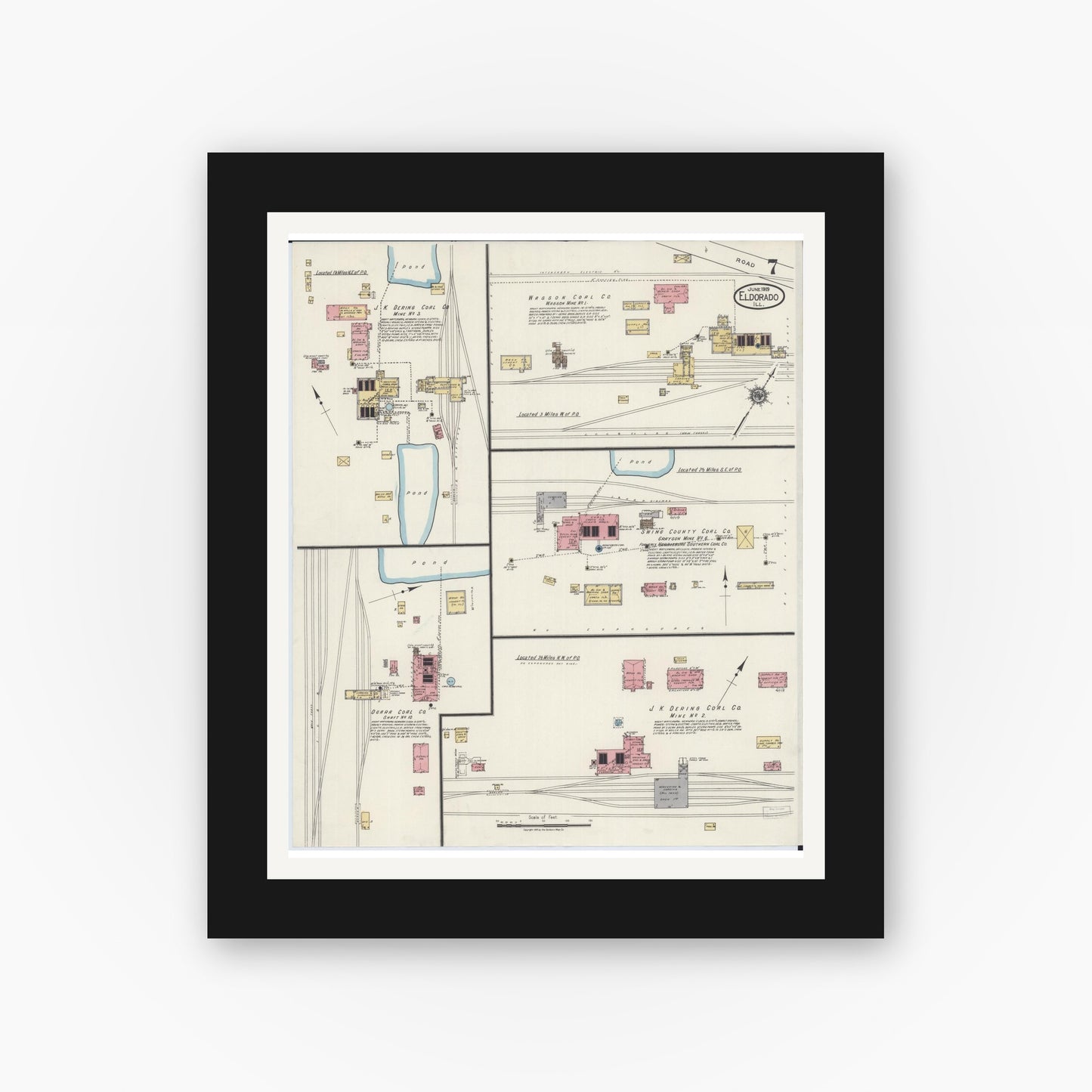 Old map wall art mockup — black gallery frame with white mat — Sanborn Fire Insurance Map from Eldorado, Saline County, Illinois (1919), Sheet #0007