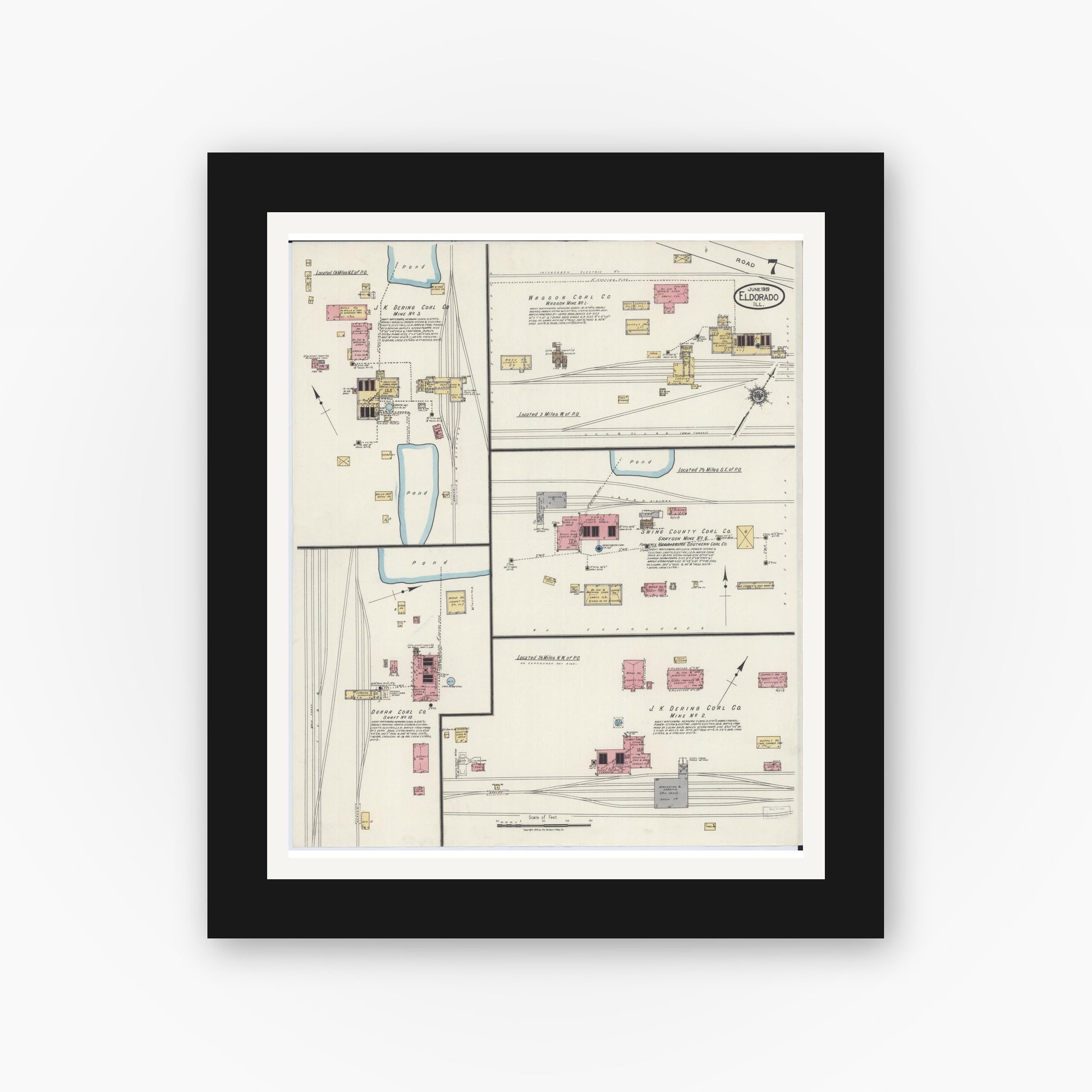 Old map wall art mockup — black gallery frame with white mat — Sanborn Fire Insurance Map from Eldorado, Saline County, Illinois (1919), Sheet #0007