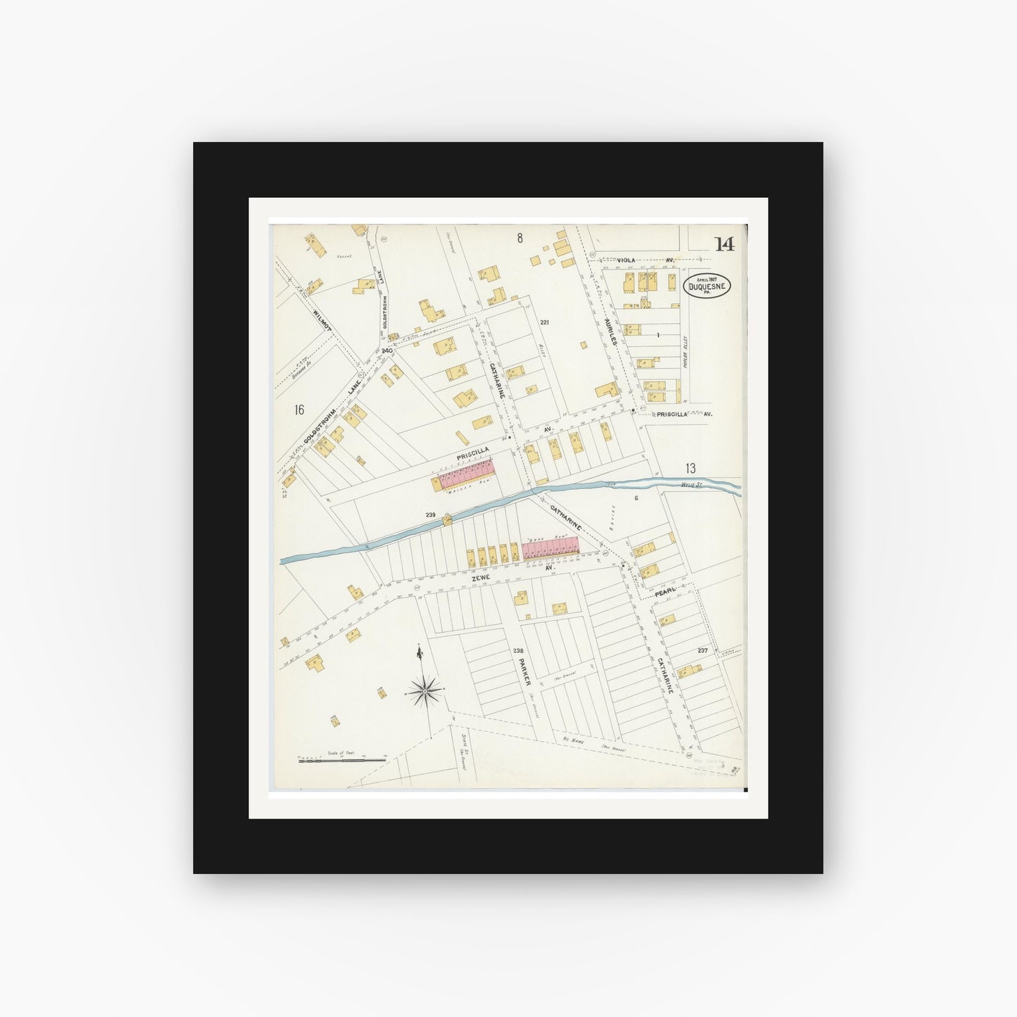 Old map wall art mockup — black gallery frame with white mat — Sanborn Fire Insurance Map from Duquesne, Allegheny County, Pennsylvania (1907), Sheet #0014