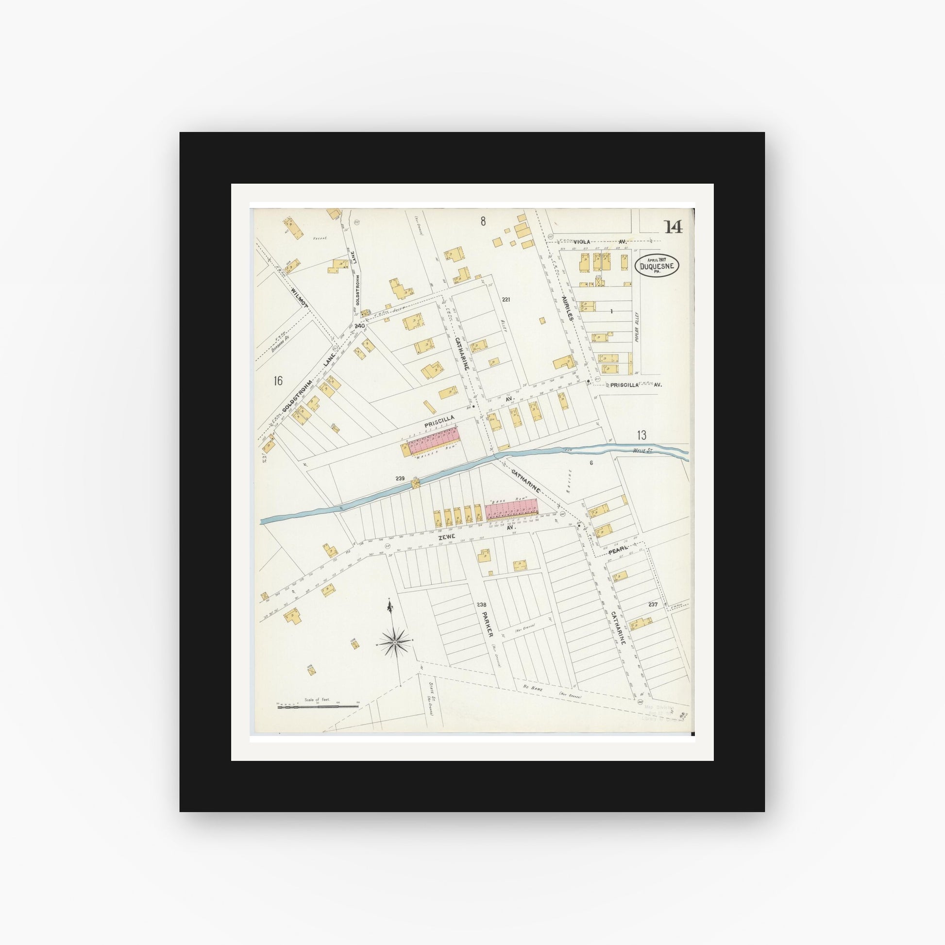 Old map wall art mockup — black gallery frame with white mat — Sanborn Fire Insurance Map from Duquesne, Allegheny County, Pennsylvania (1907), Sheet #0014