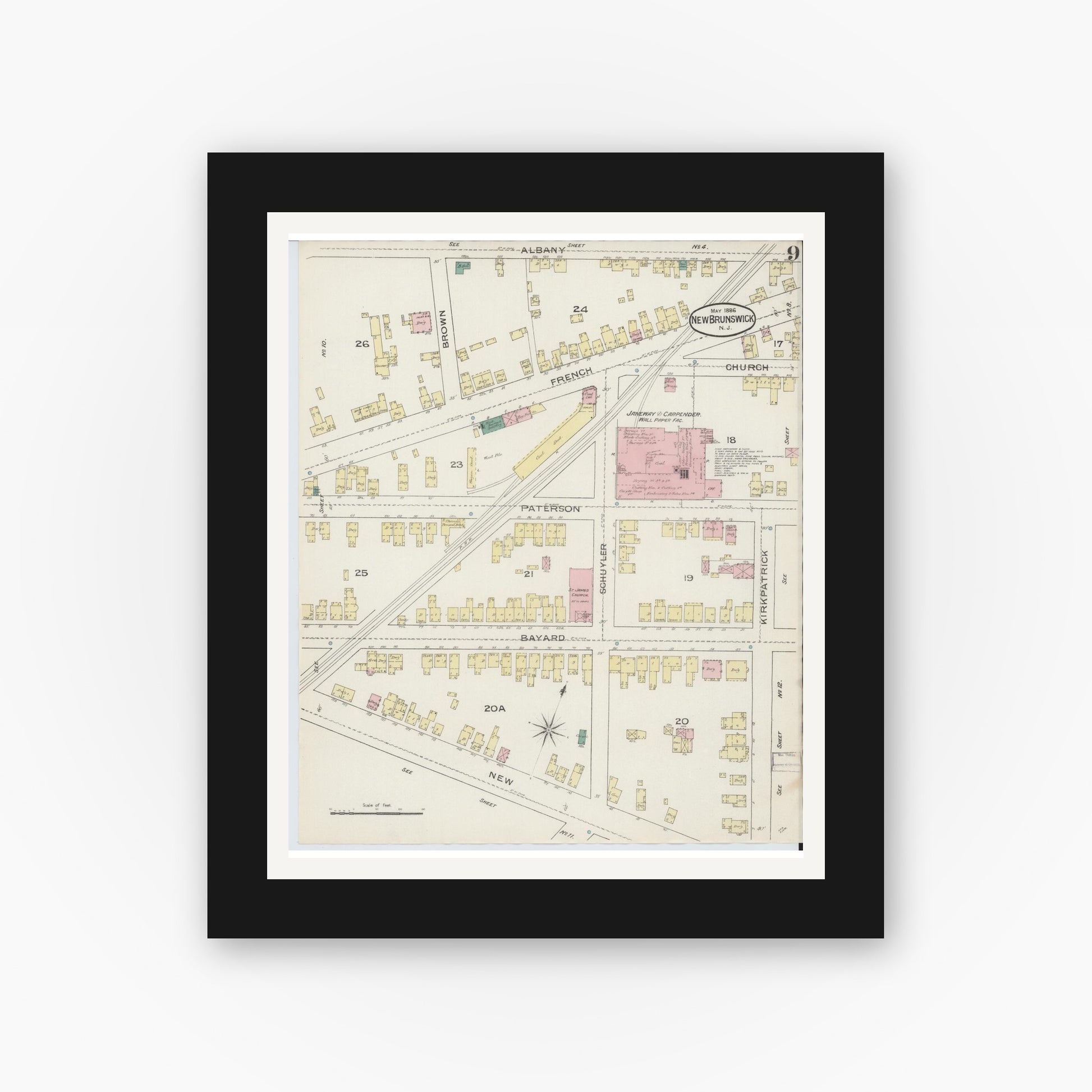 Old map wall art mockup — black gallery frame with white mat — Sanborn Fire Insurance Map from New Brunswick, Middlesex County, New Jersey (1886), Sheet #0009