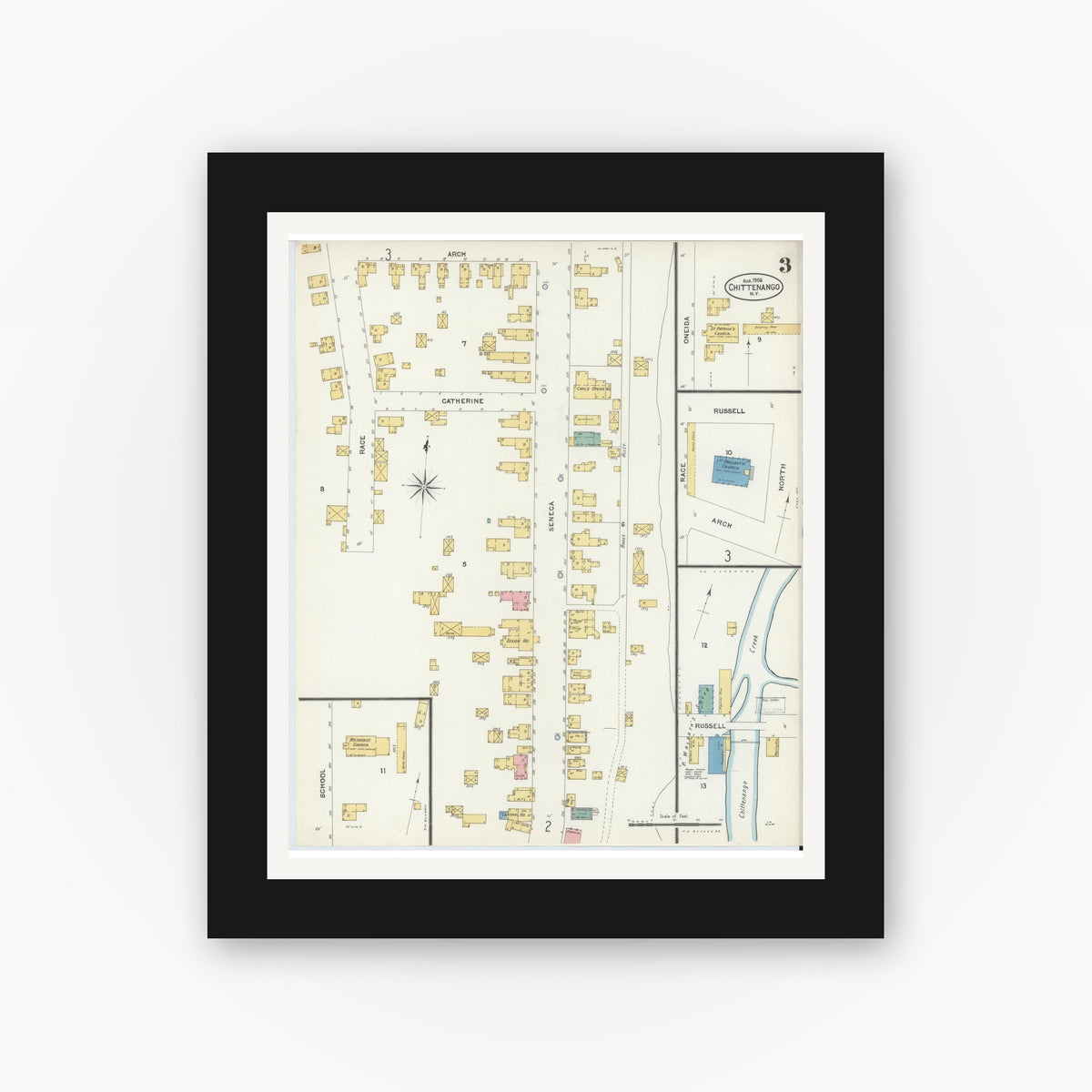 Old map wall art mockup — black gallery frame with white mat — Sanborn Fire Insurance Map from Chittenango, Madison County, New York (1906), Sheet #0003