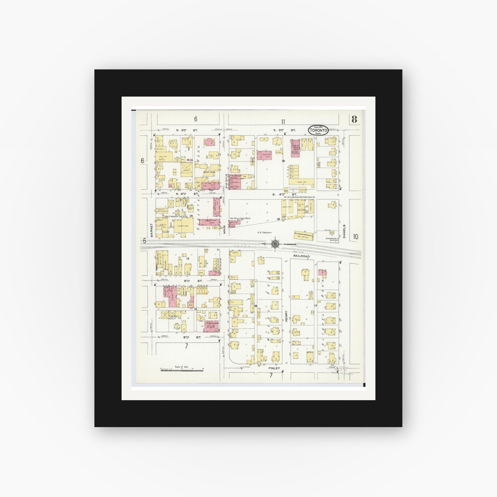Old map wall art mockup — black gallery frame with white mat — Sanborn Fire Insurance Map from Toronto, Jefferson County, Ohio (1911), Sheet #0008