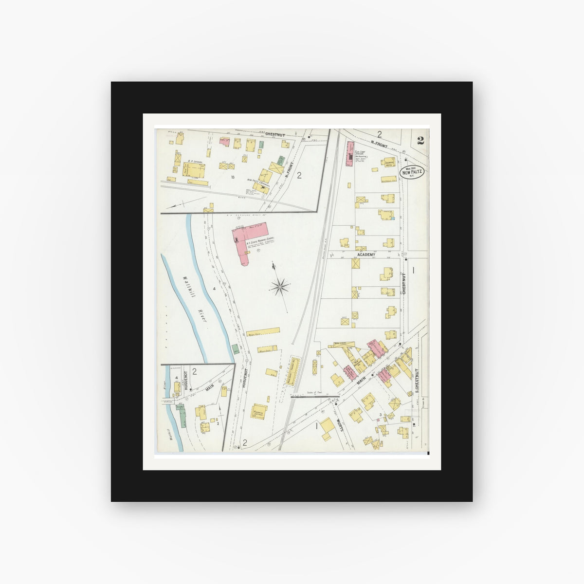 Old map wall art mockup — black gallery frame with white mat — Sanborn Fire Insurance Map from New Paltz, Ulster County, New York (1900), Sheet #0002