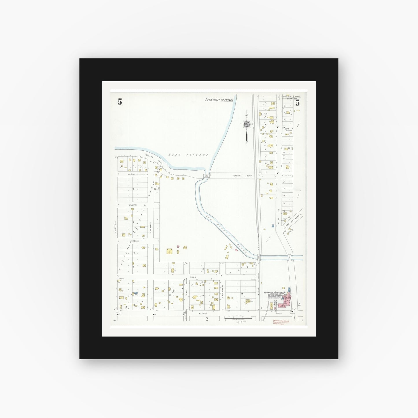 Old map wall art mockup — black gallery frame with white mat — Sanborn Fire Insurance Map from Waterville, Le Sueur County, Minnesota (1937), Sheet #0005