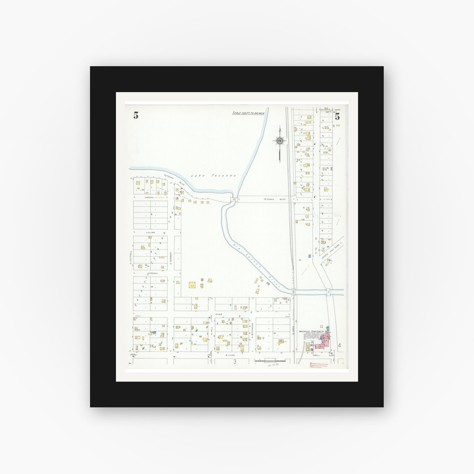 Old map wall art mockup — black gallery frame with white mat — Sanborn Fire Insurance Map from Waterville, Le Sueur County, Minnesota (1937), Sheet #0005