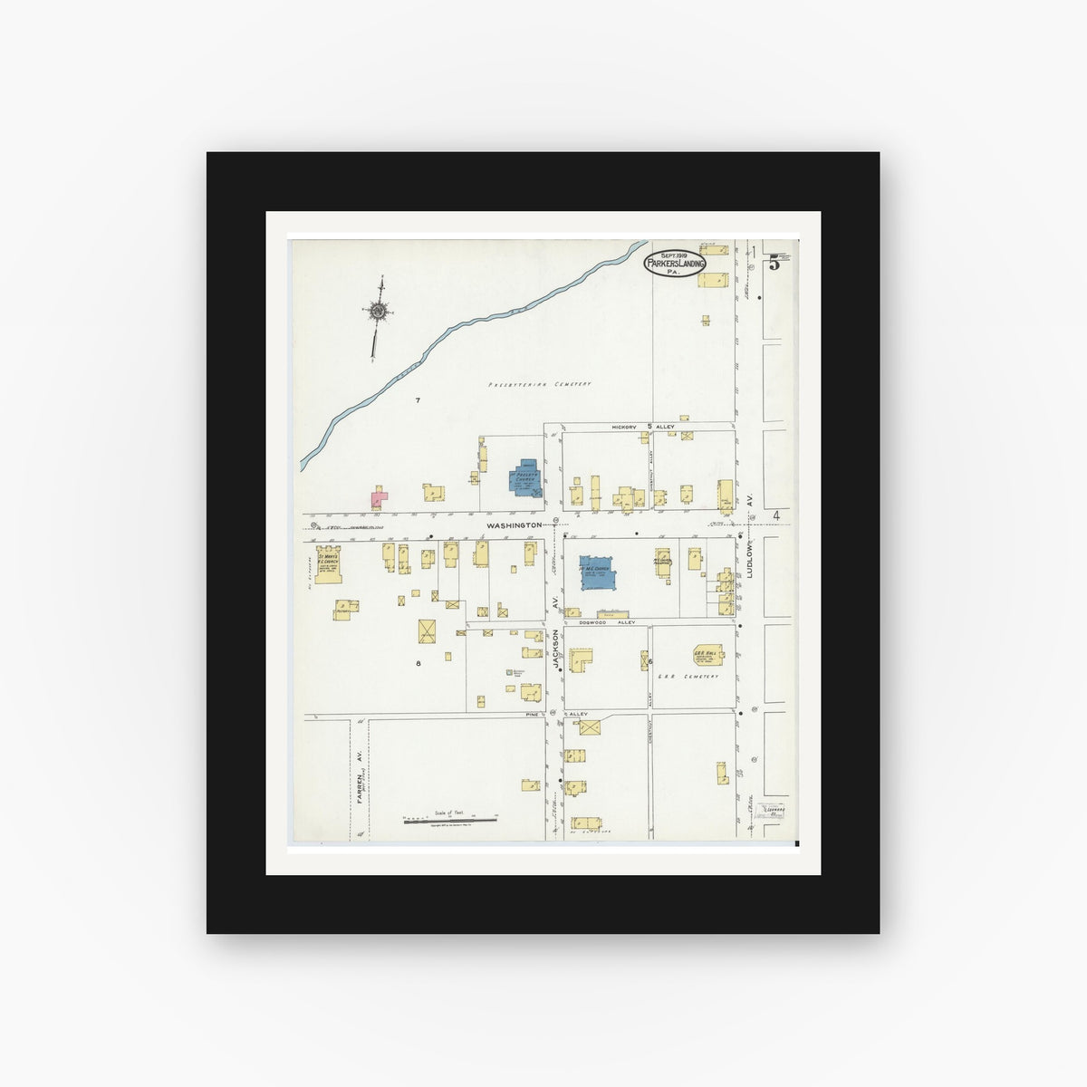 Old map wall art mockup — black gallery frame with white mat — Sanborn Fire Insurance Map from Parkers Landing, Armstrong County, Pennsylvania (1919), Sheet #0005