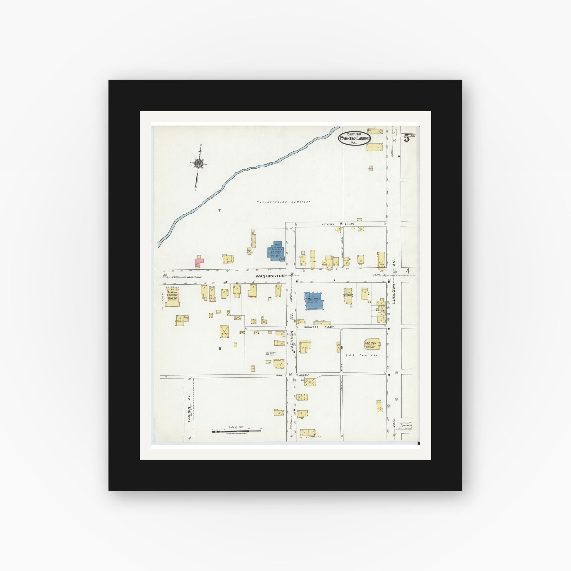 Old map wall art mockup — black gallery frame with white mat — Sanborn Fire Insurance Map from Parkers Landing, Armstrong County, Pennsylvania (1919), Sheet #0005