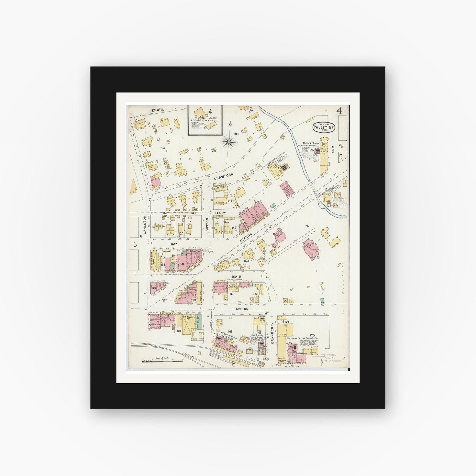 Old map wall art mockup — black gallery frame with white mat — Sanborn Fire Insurance Map from Palestine, Anderson County, Texas (1896), Sheet #0004
