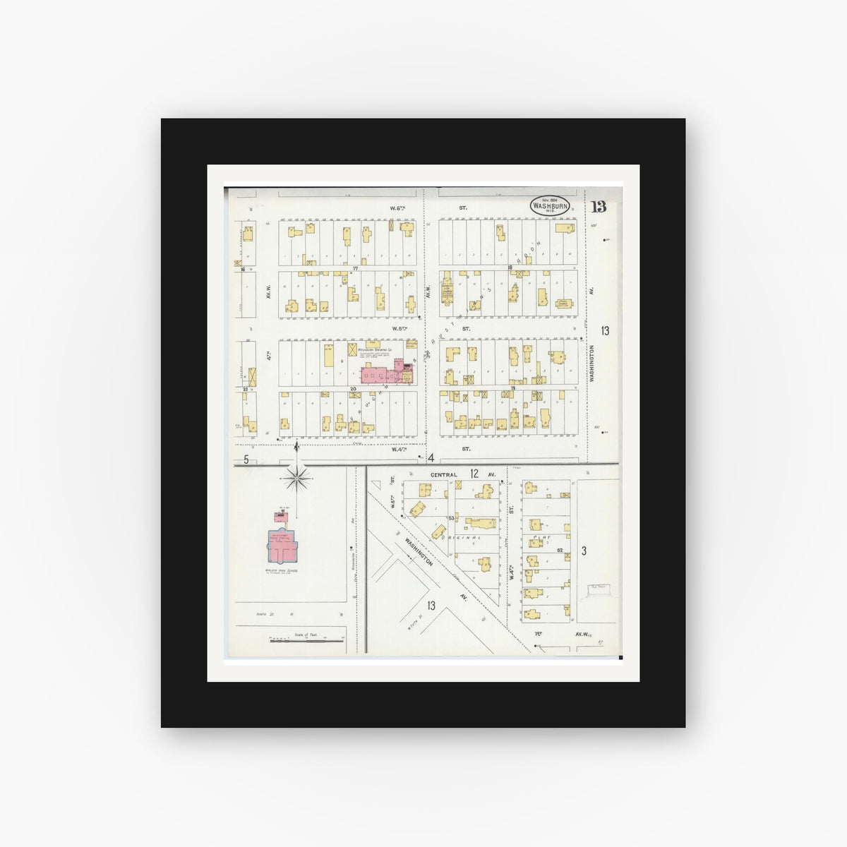 Old map wall art mockup — black gallery frame with white mat — Sanborn Fire Insurance Map from Washburn, Bayfield County, Wisconsin (1904), Sheet #0013