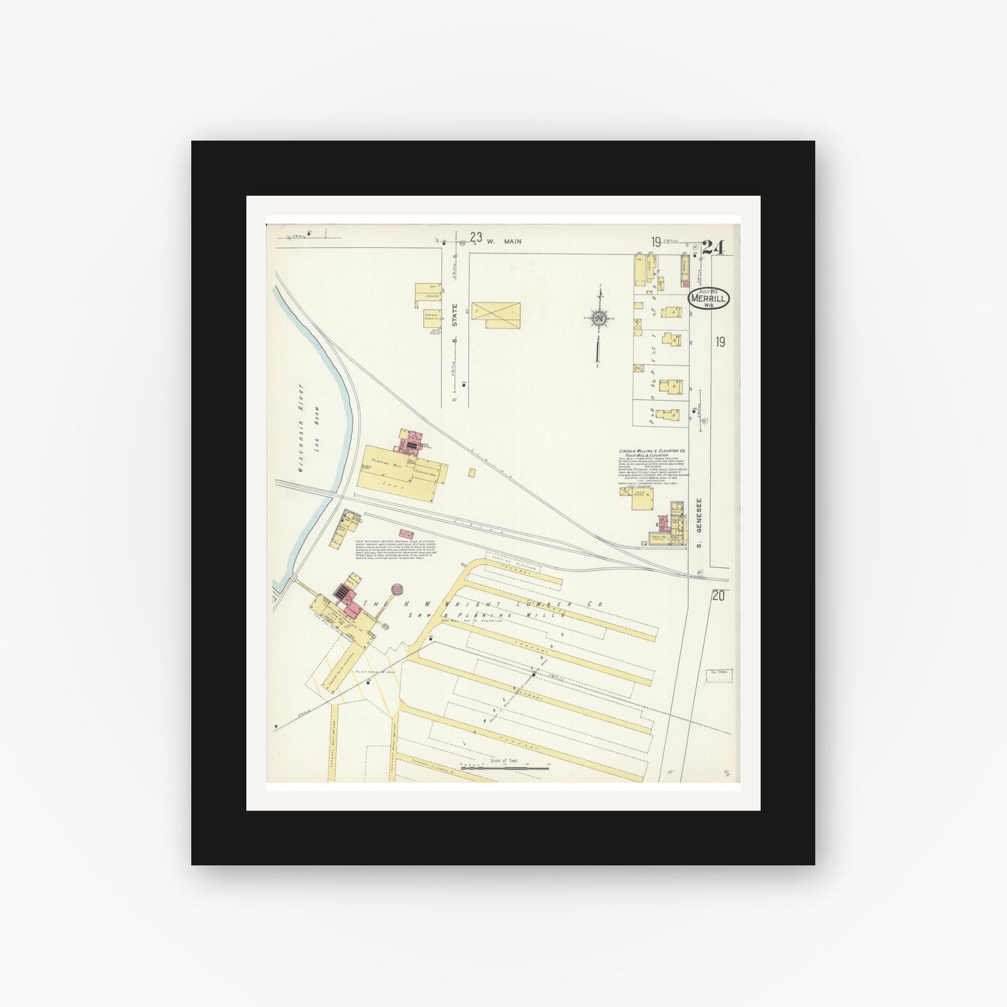 Old map wall art mockup — black gallery frame with white mat — Sanborn Fire Insurance Map from Merrill, Lincoln County, Wisconsin (1913), Sheet #0024