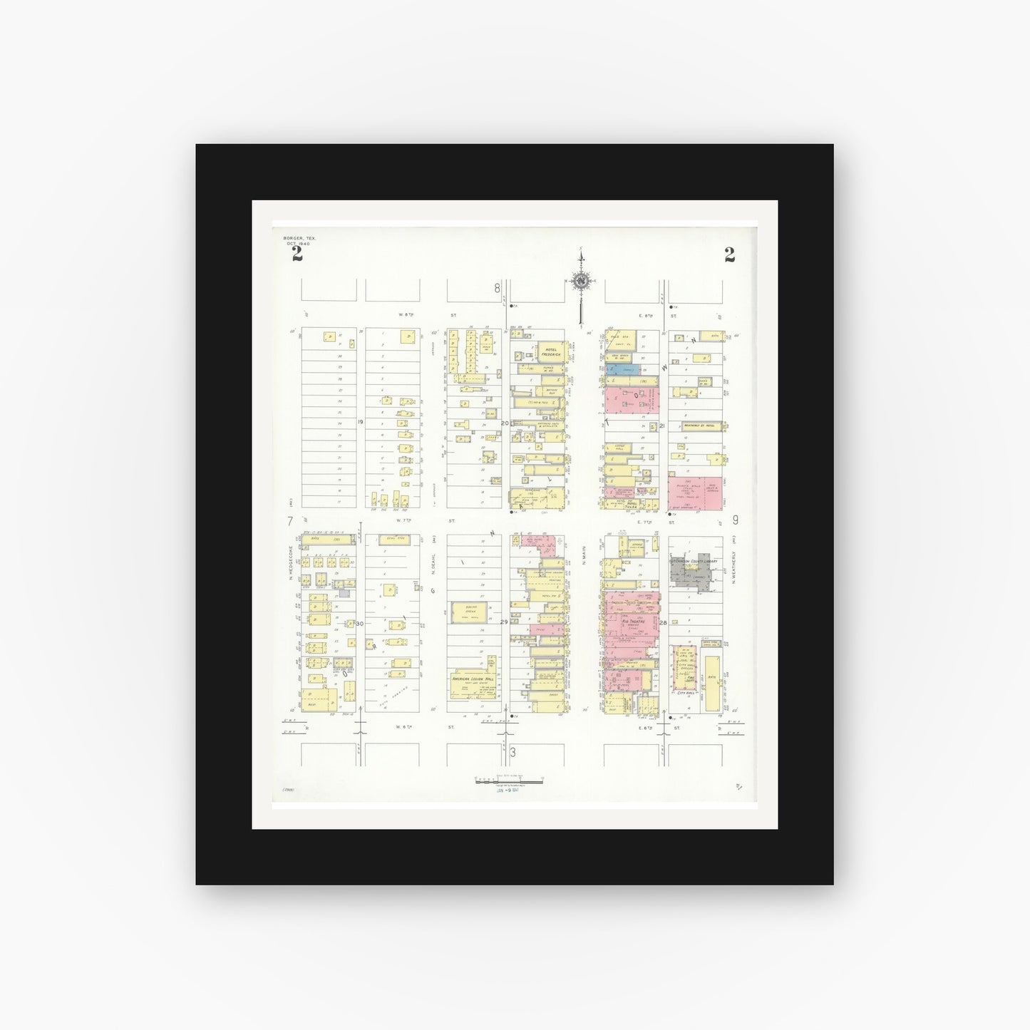 Old map wall art mockup — black gallery frame with white mat — Sanborn Fire Insurance Map from Borger, Hutchinson County, Texas (1940), Sheet #0002