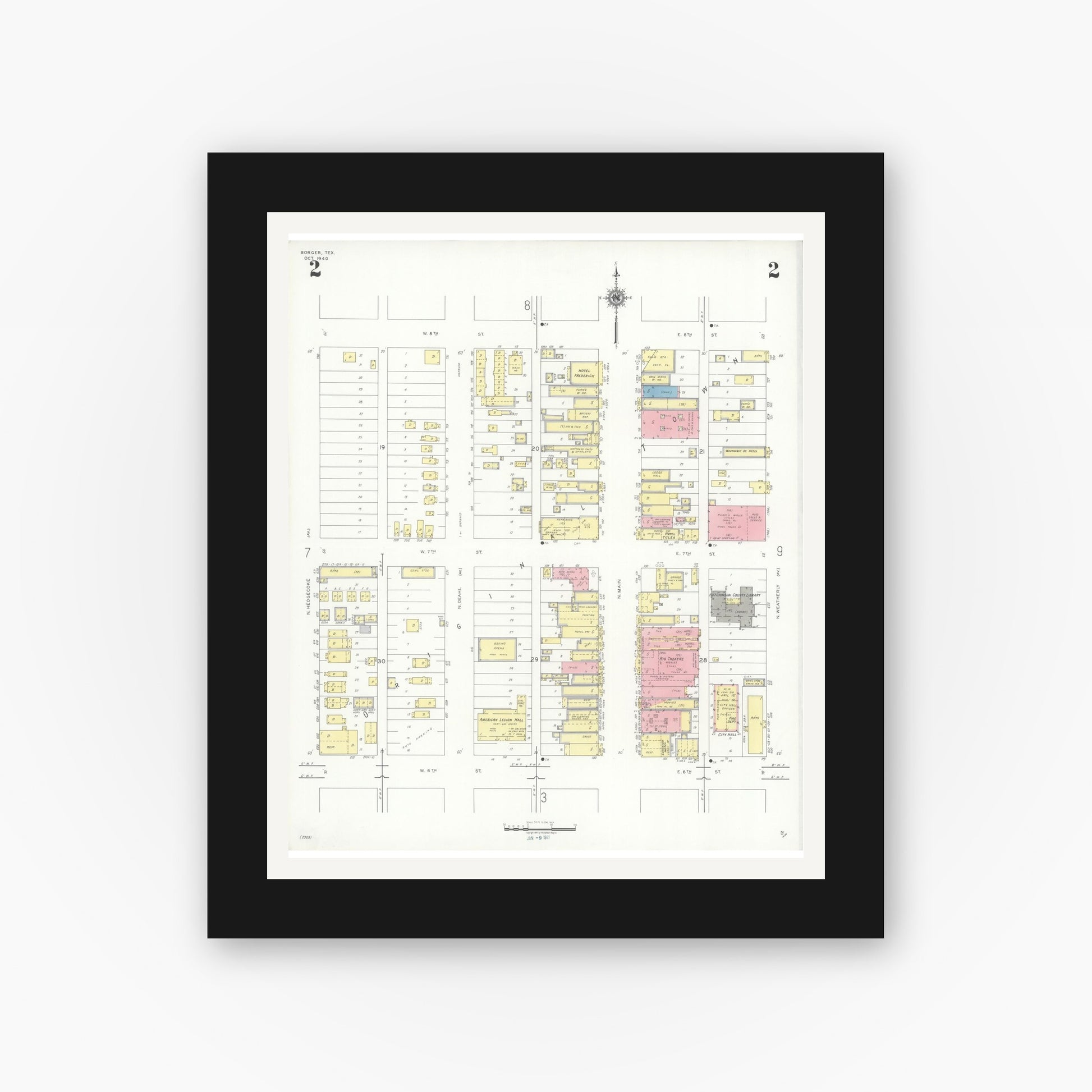 Old map wall art mockup — black gallery frame with white mat — Sanborn Fire Insurance Map from Borger, Hutchinson County, Texas (1940), Sheet #0002