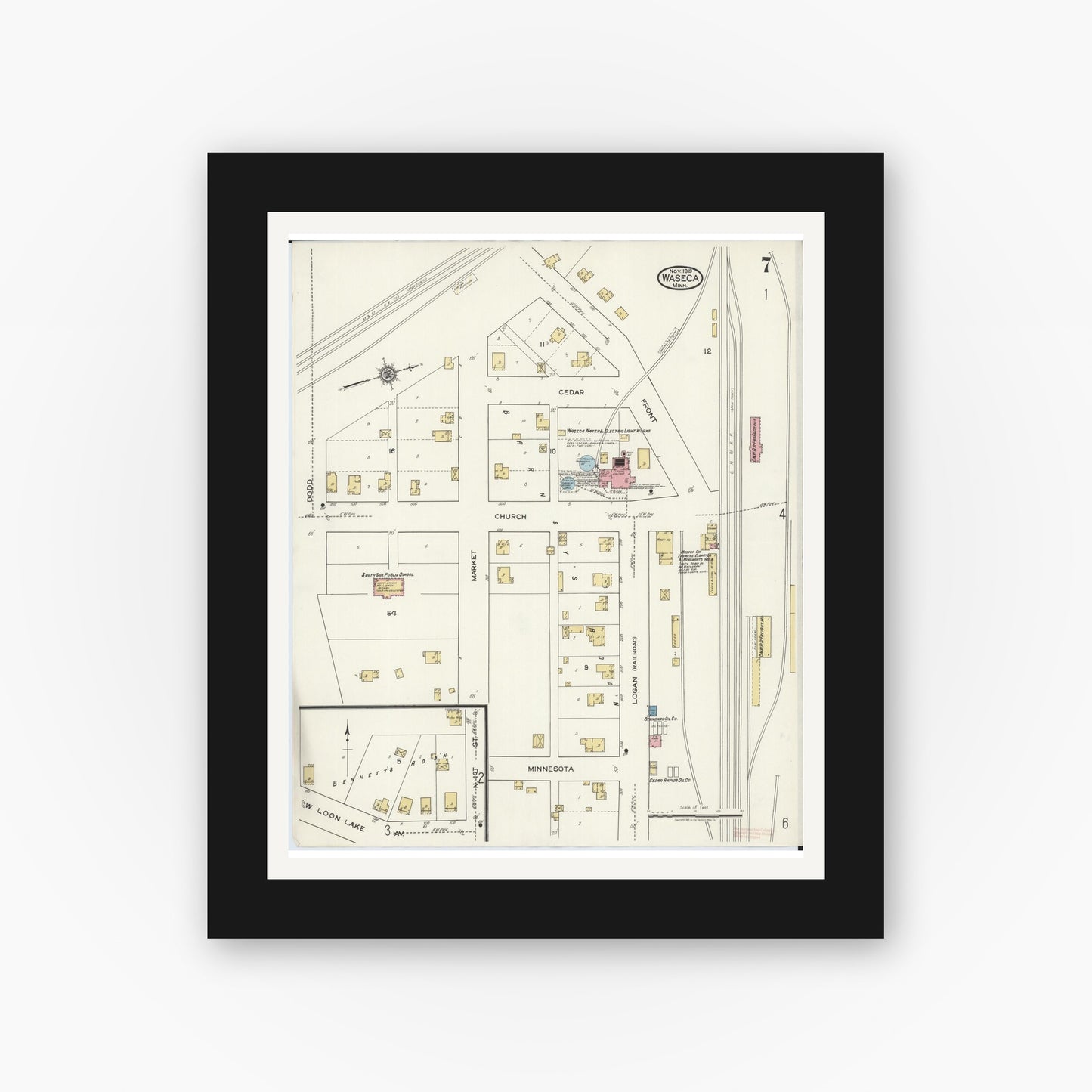 Old map wall art mockup — black gallery frame with white mat — Sanborn Fire Insurance Map from Waseca, Waseca County, Minnesota (1919), Sheet #0007
