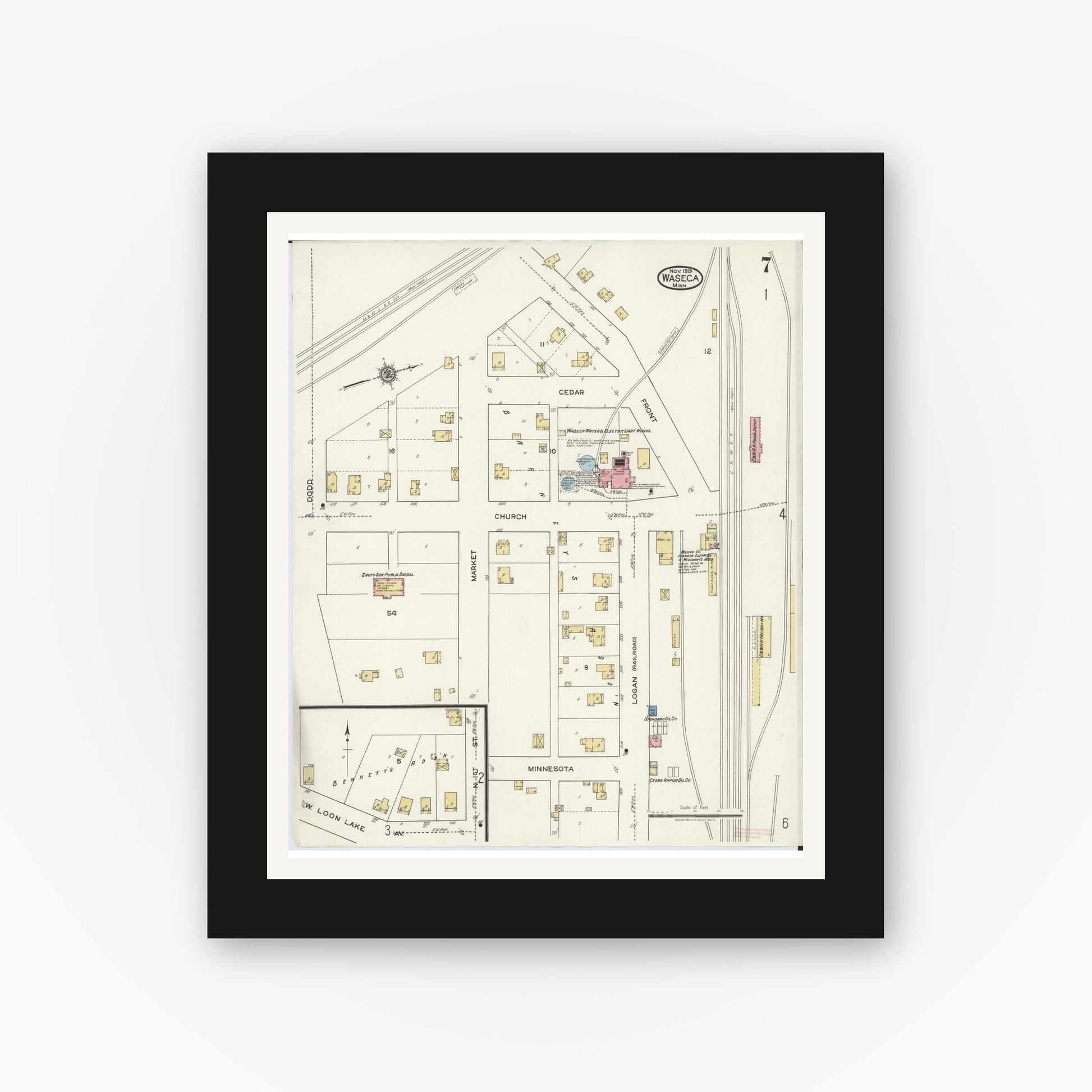 Old map wall art mockup — black gallery frame with white mat — Sanborn Fire Insurance Map from Waseca, Waseca County, Minnesota (1919), Sheet #0007